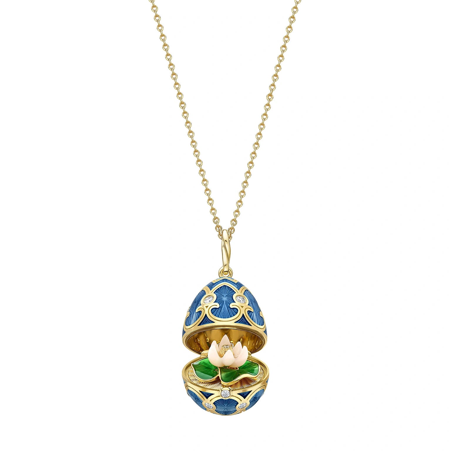 Heritage Yellow Gold Diamond & Blue Guilloché Enamel Waterlily Surprise Locket