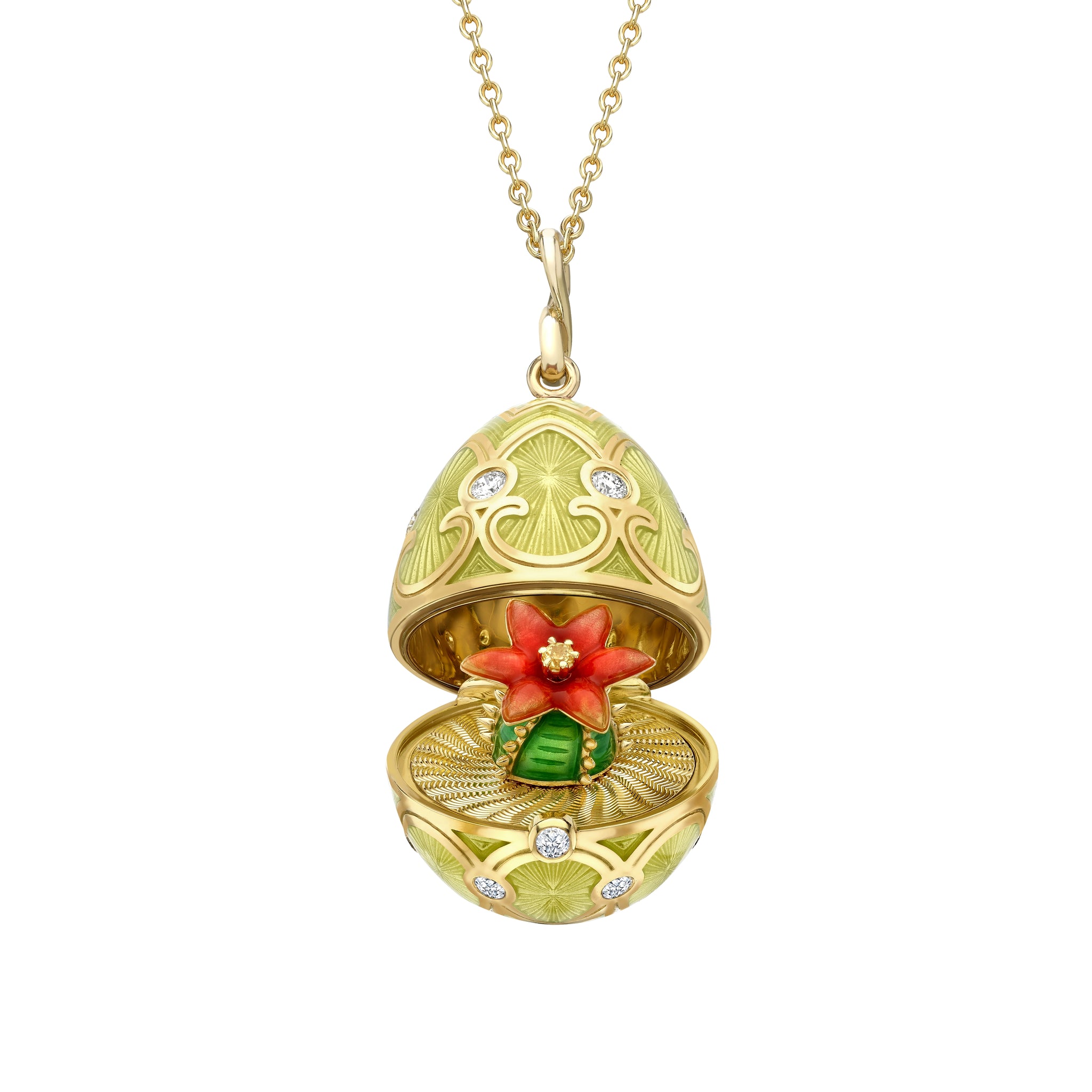 Heritage Yellow Gold Diamond & Gold Guilloché Enamel Cactus Surprise Locket