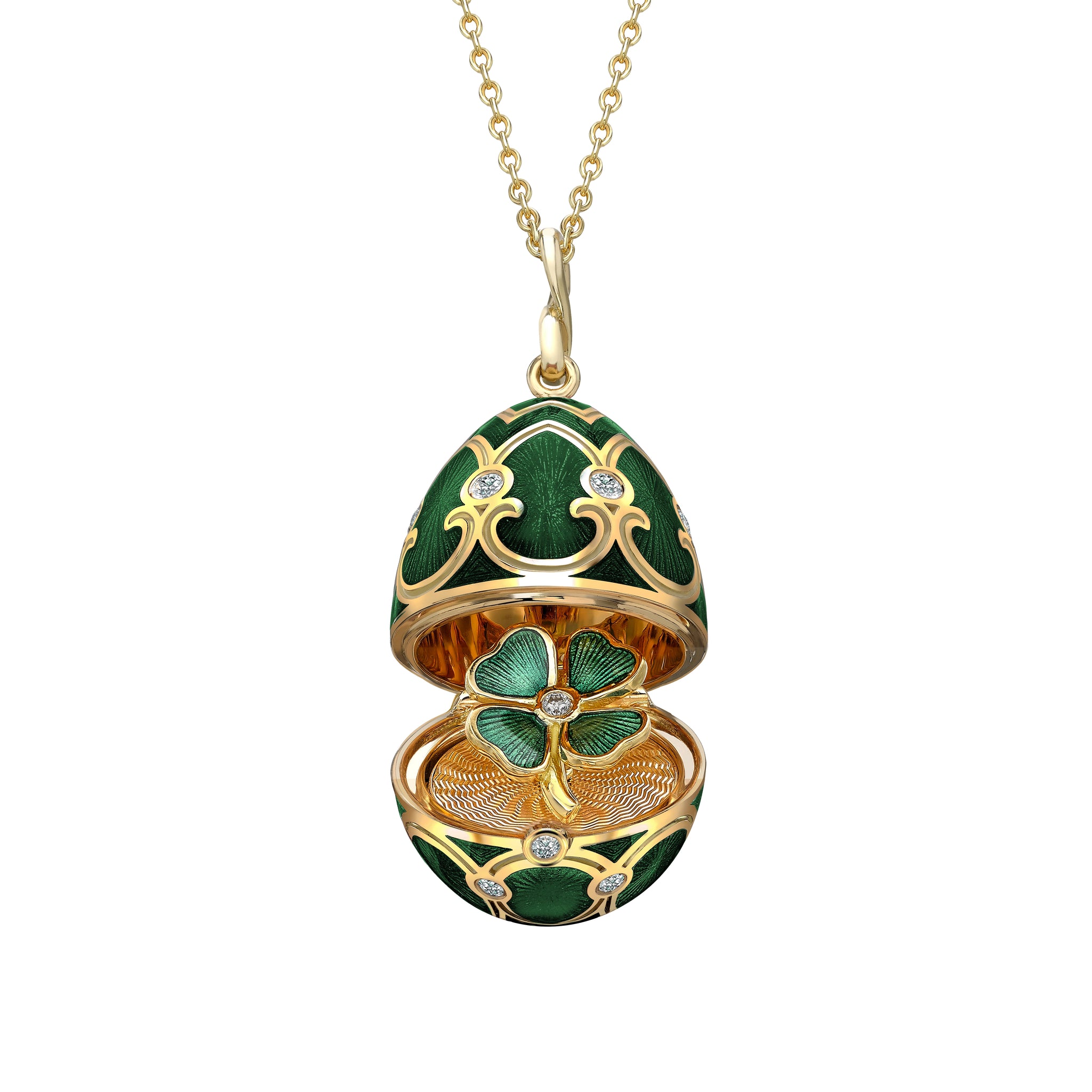 Heritage Yellow Gold Diamond & Green Guilloché Enamel Clover Surprise Locket
