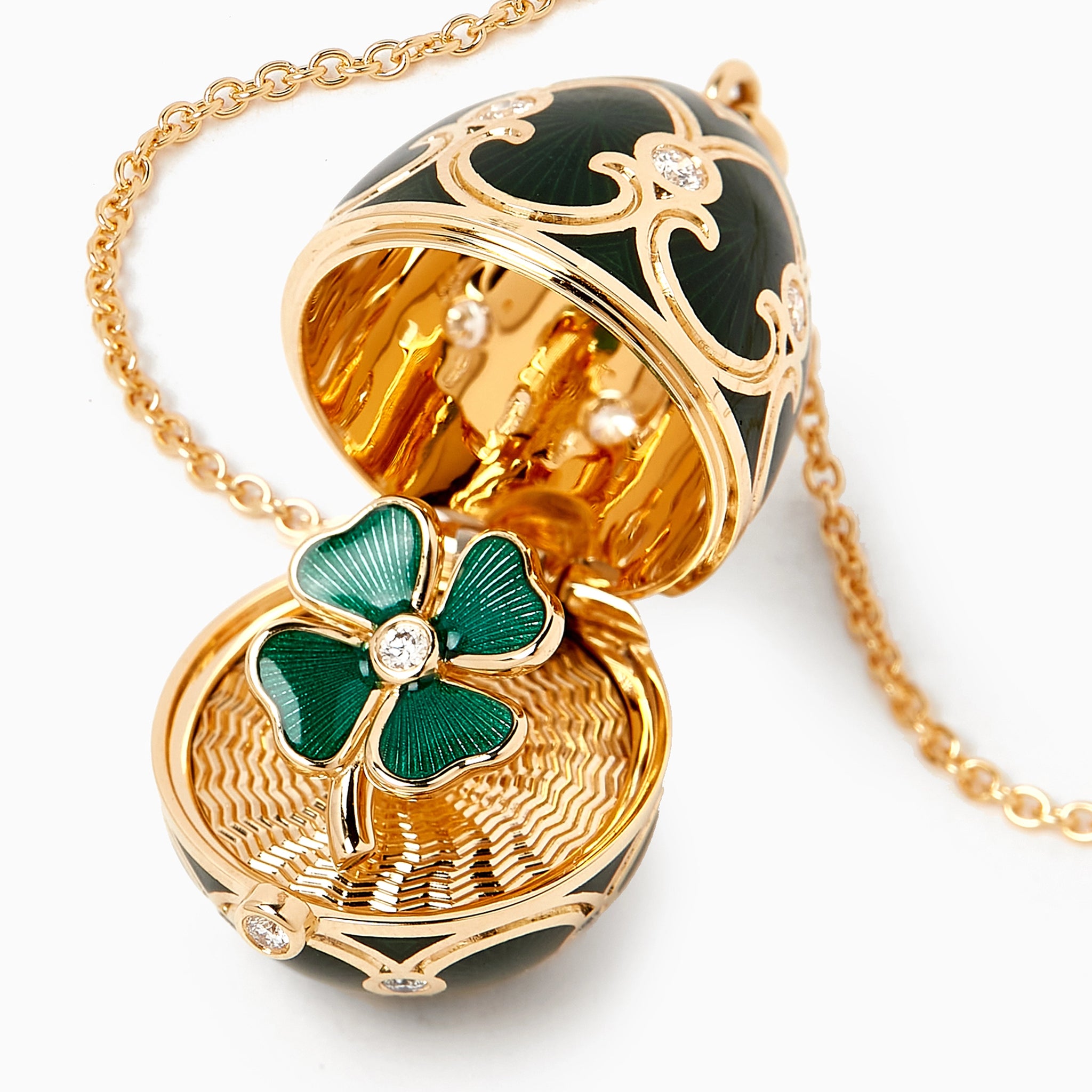 Heritage Yellow Gold Diamond & Green Guilloché Enamel Clover Surprise Locket