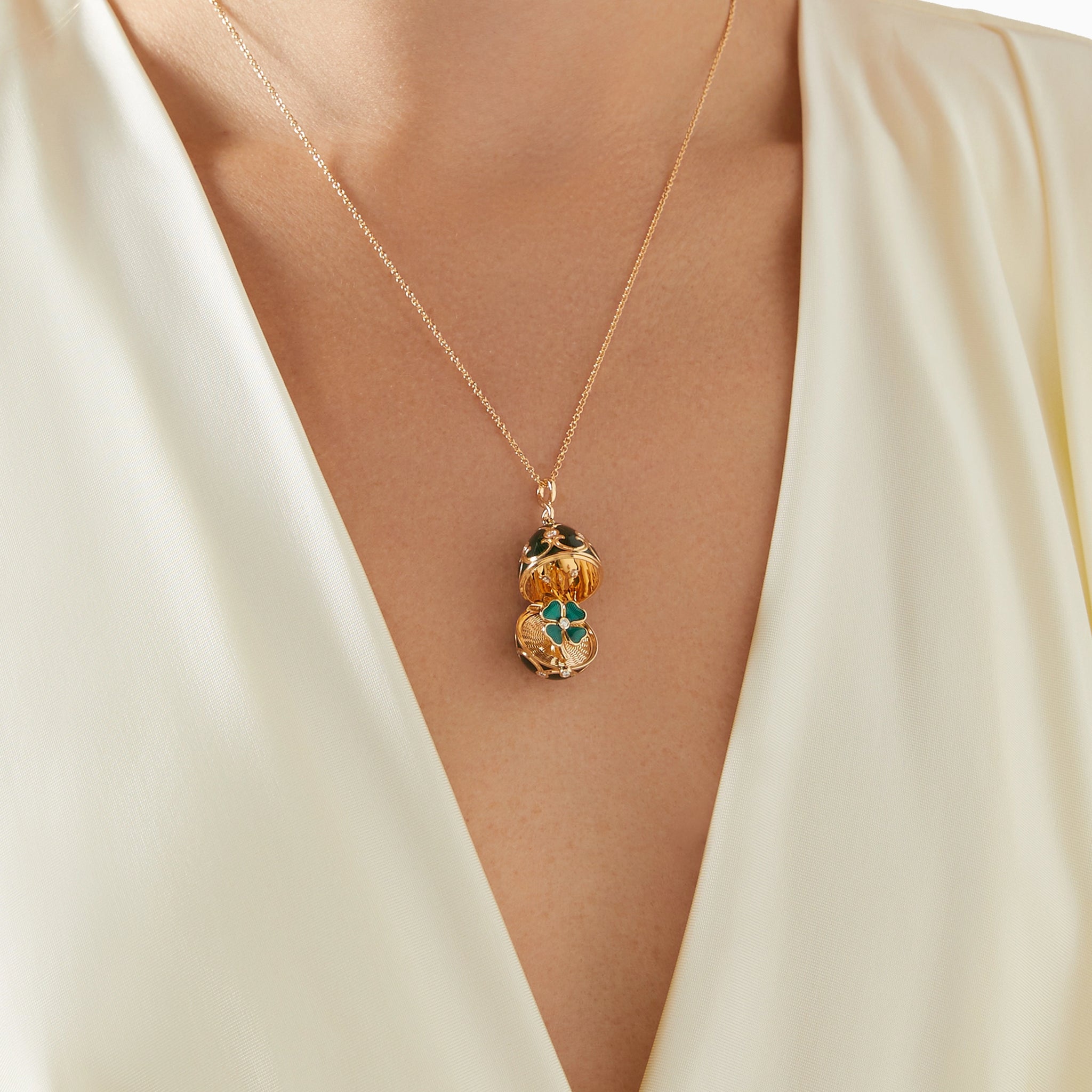 Heritage Yellow Gold Diamond & Green Guilloché Enamel Clover Surprise Locket