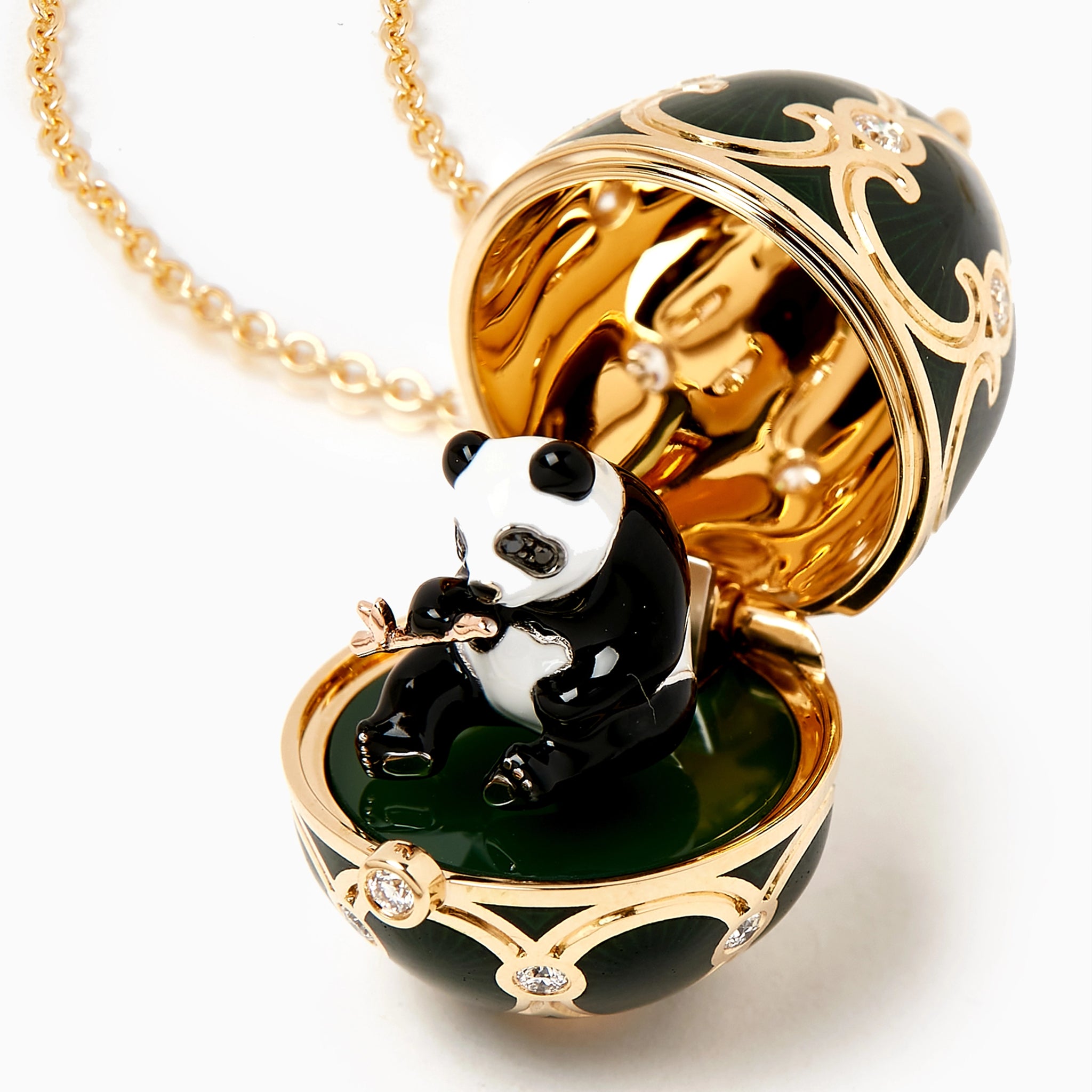 Heritage Yellow Gold Diamond & Green Guilloché Enamel Panda Surprise Locket