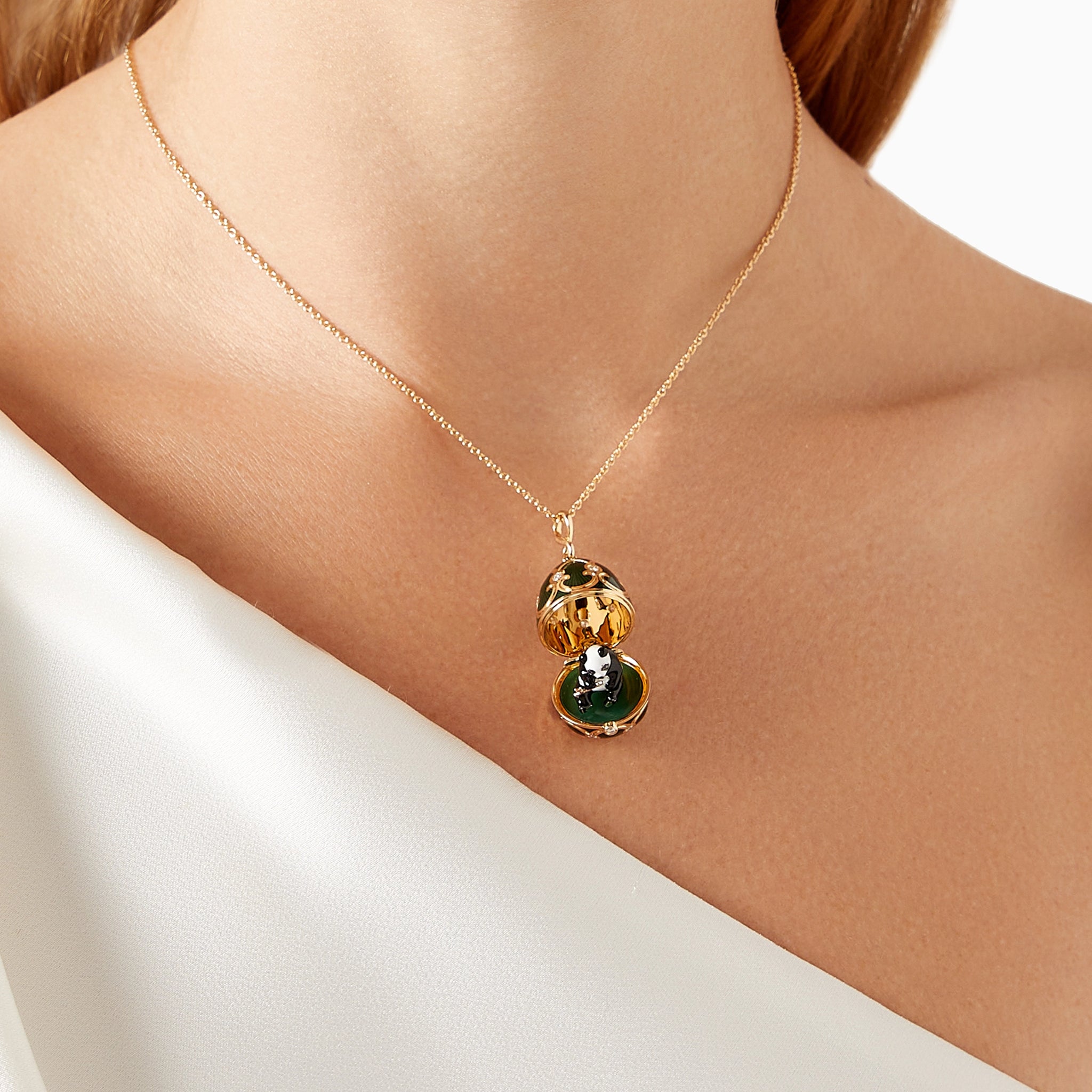 Heritage Yellow Gold Diamond & Green Guilloché Enamel Panda Surprise Locket