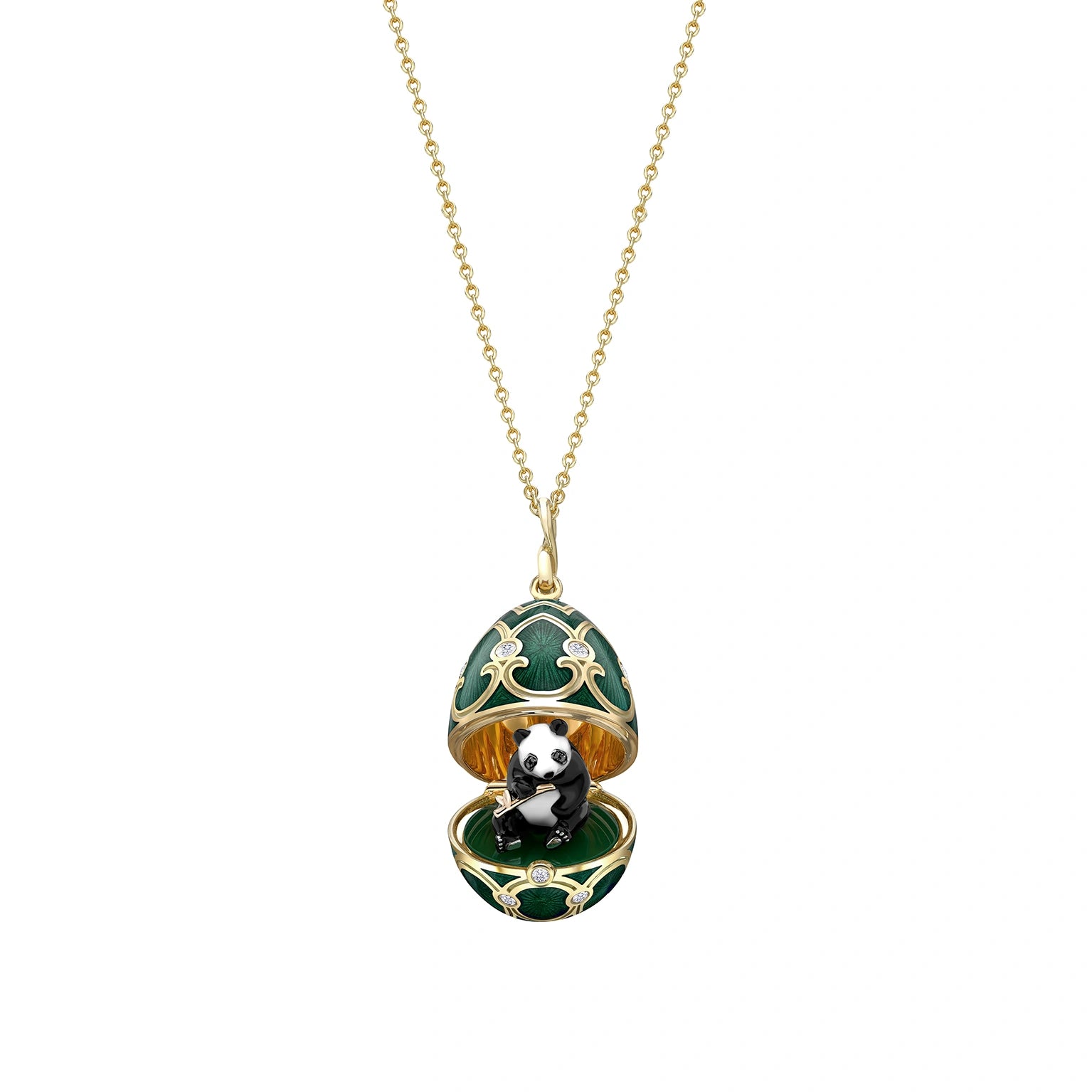 Heritage Yellow Gold Diamond & Green Guilloché Enamel Panda Surprise Locket