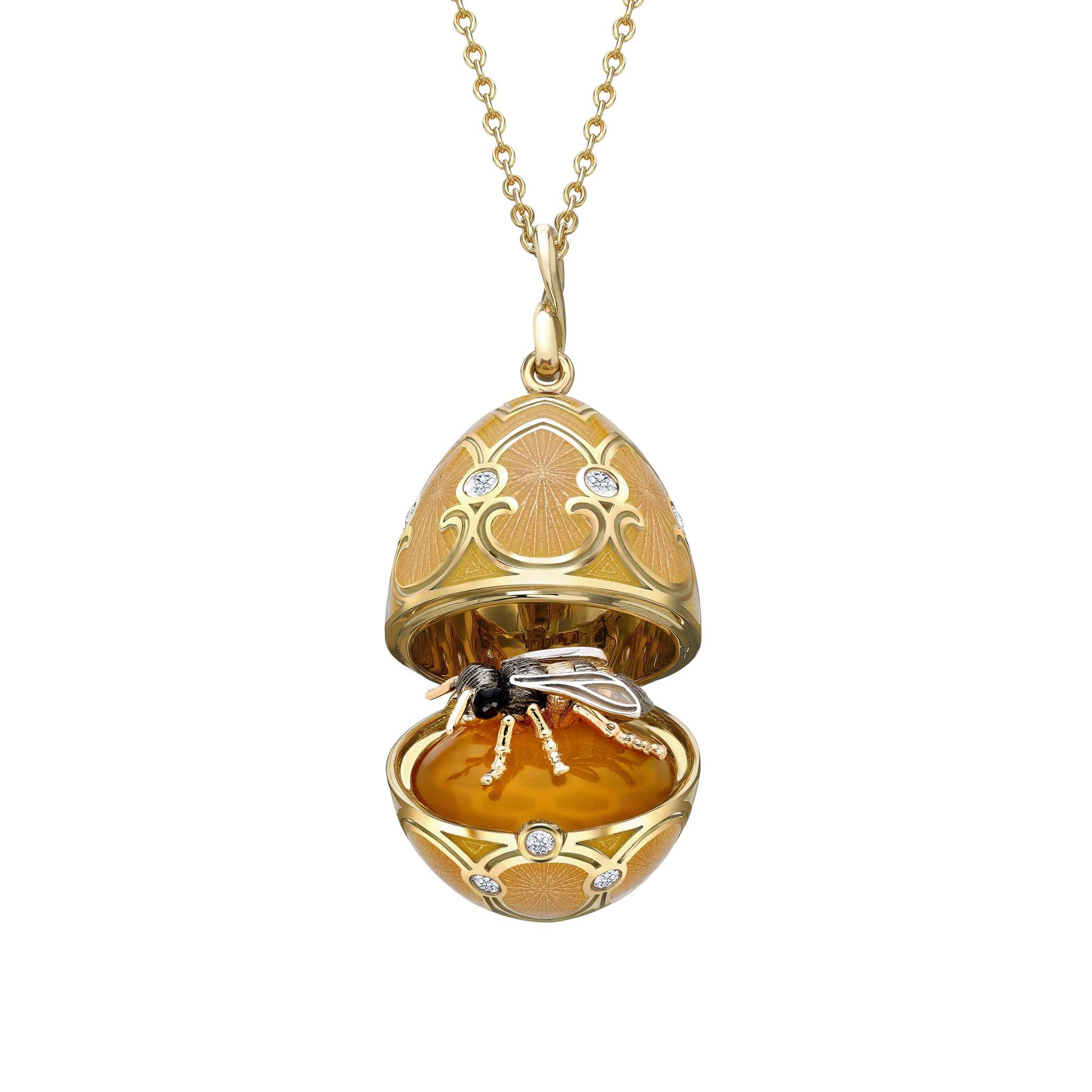 Yellow Gold Diamond & Guilloché Enamel Bee Surprise Locket | Fabergé