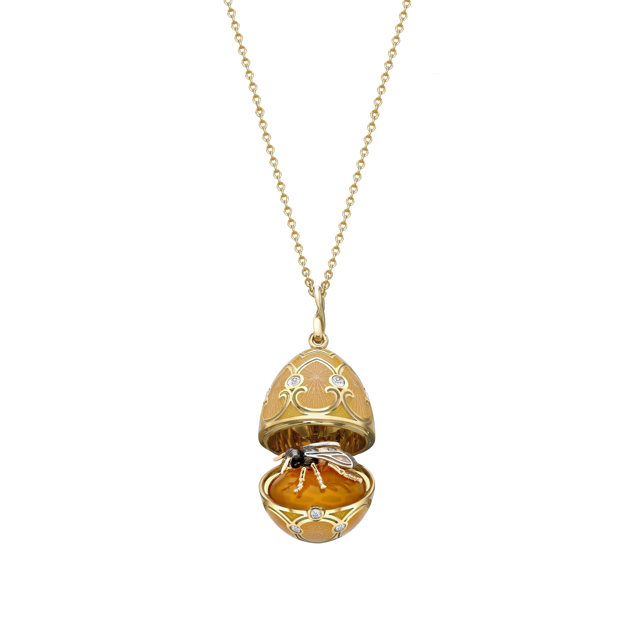 Yellow Gold Diamond & Guilloché Enamel Bee Surprise Locket | Fabergé