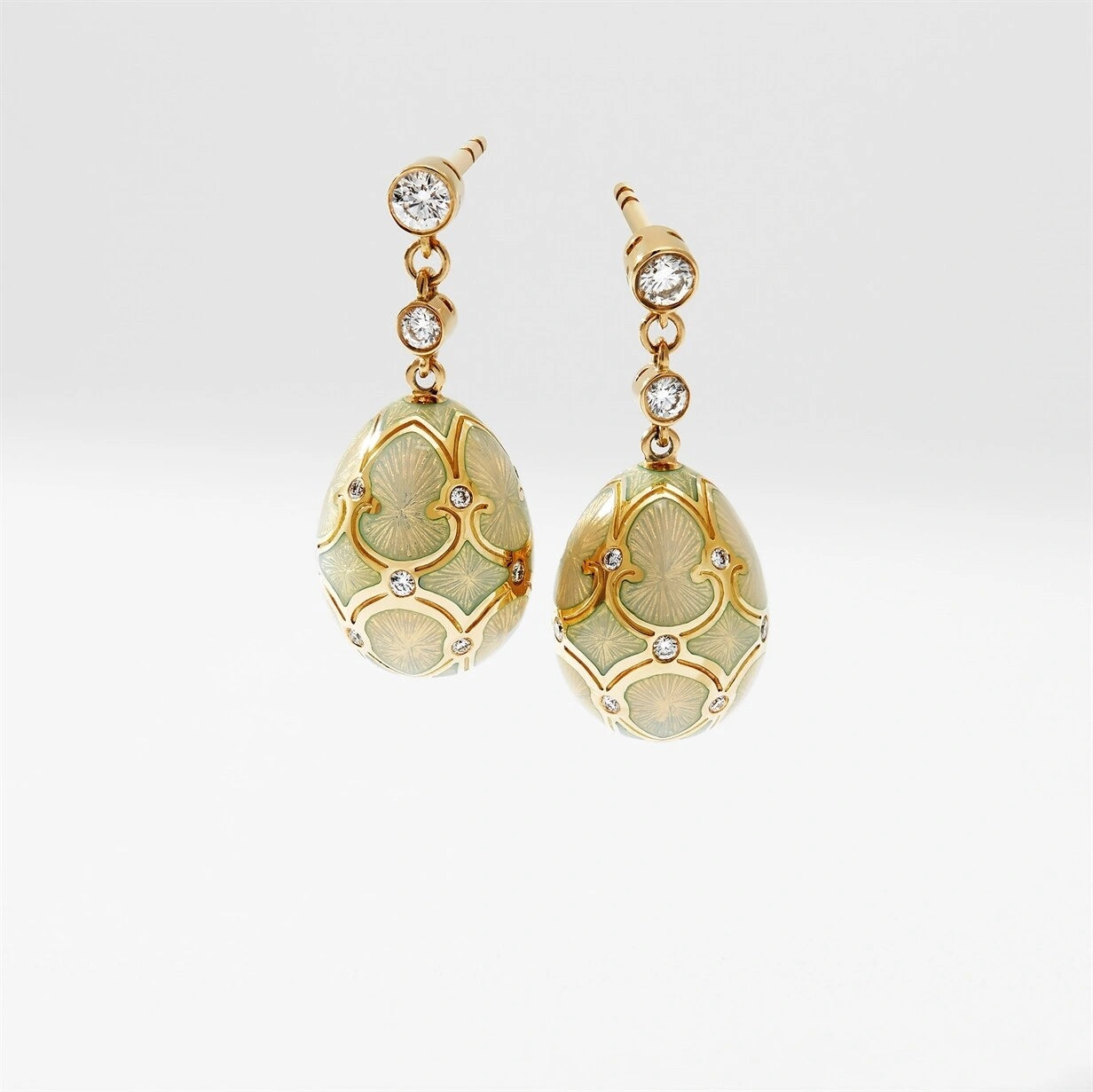 Yellow Gold Diamond & Opalescent Guilloché Enamel Egg Drop Earrings | Fabergé