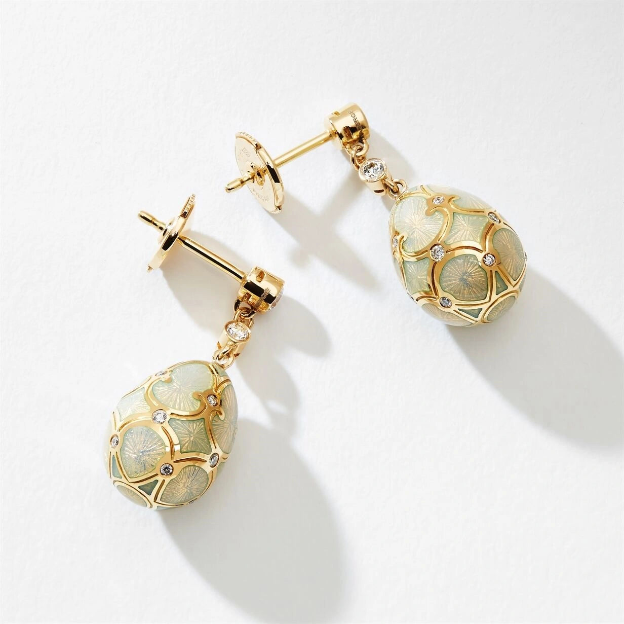 Yellow Gold Diamond & Opalescent Guilloché Enamel Egg Drop Earrings | Fabergé