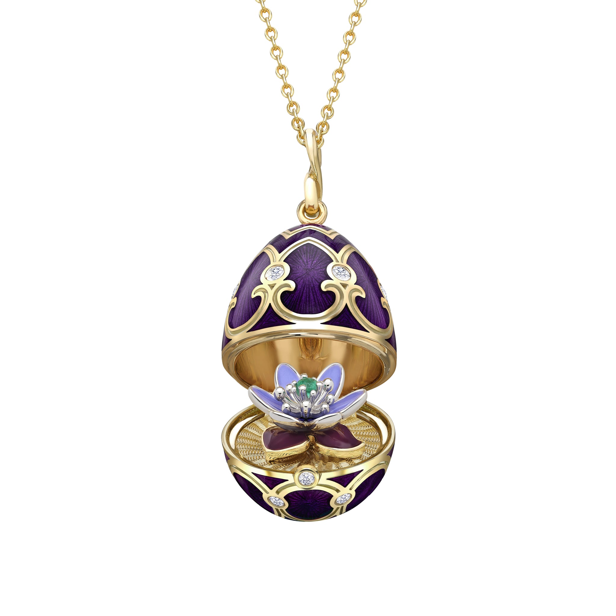 Heritage Yellow Gold Diamond & Purple Guilloché Enamel Anemone Surprise Locket