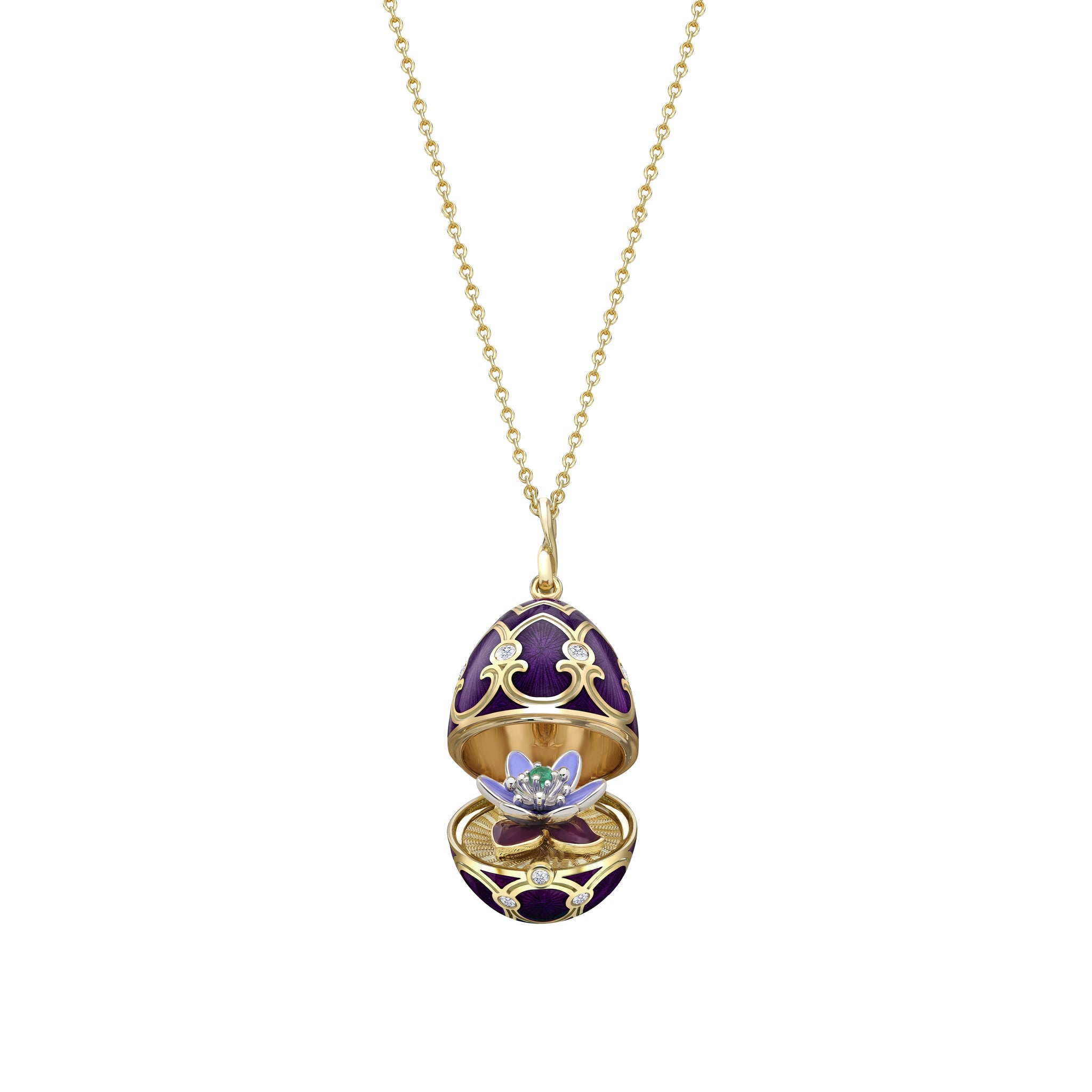 Heritage Yellow Gold Diamond & Purple Guilloché Enamel Anemone Surprise Locket