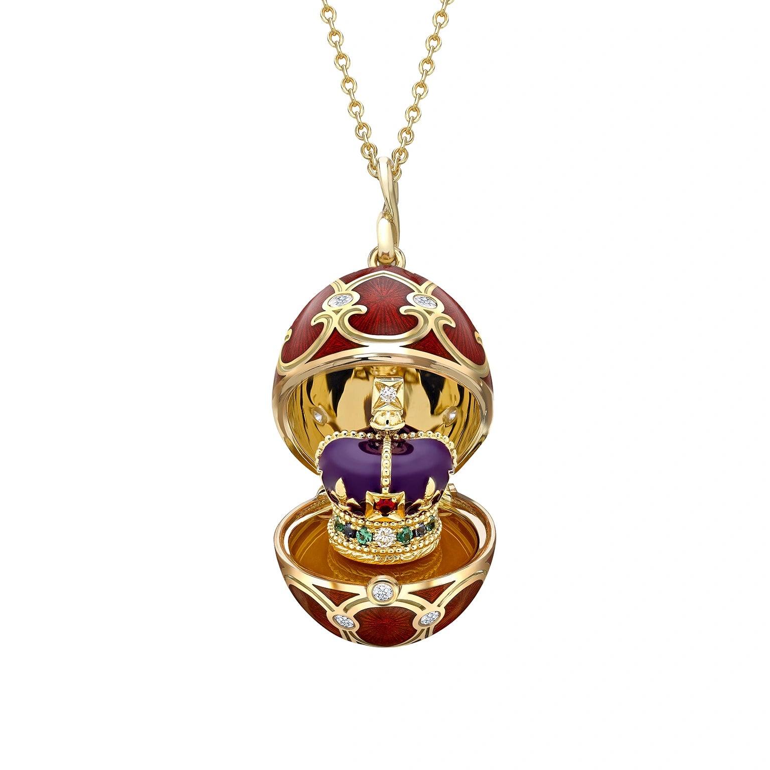 Yellow Gold Diamond & Red Guilloché Enamel Coronation Crown Surprise Locket | Fabergé