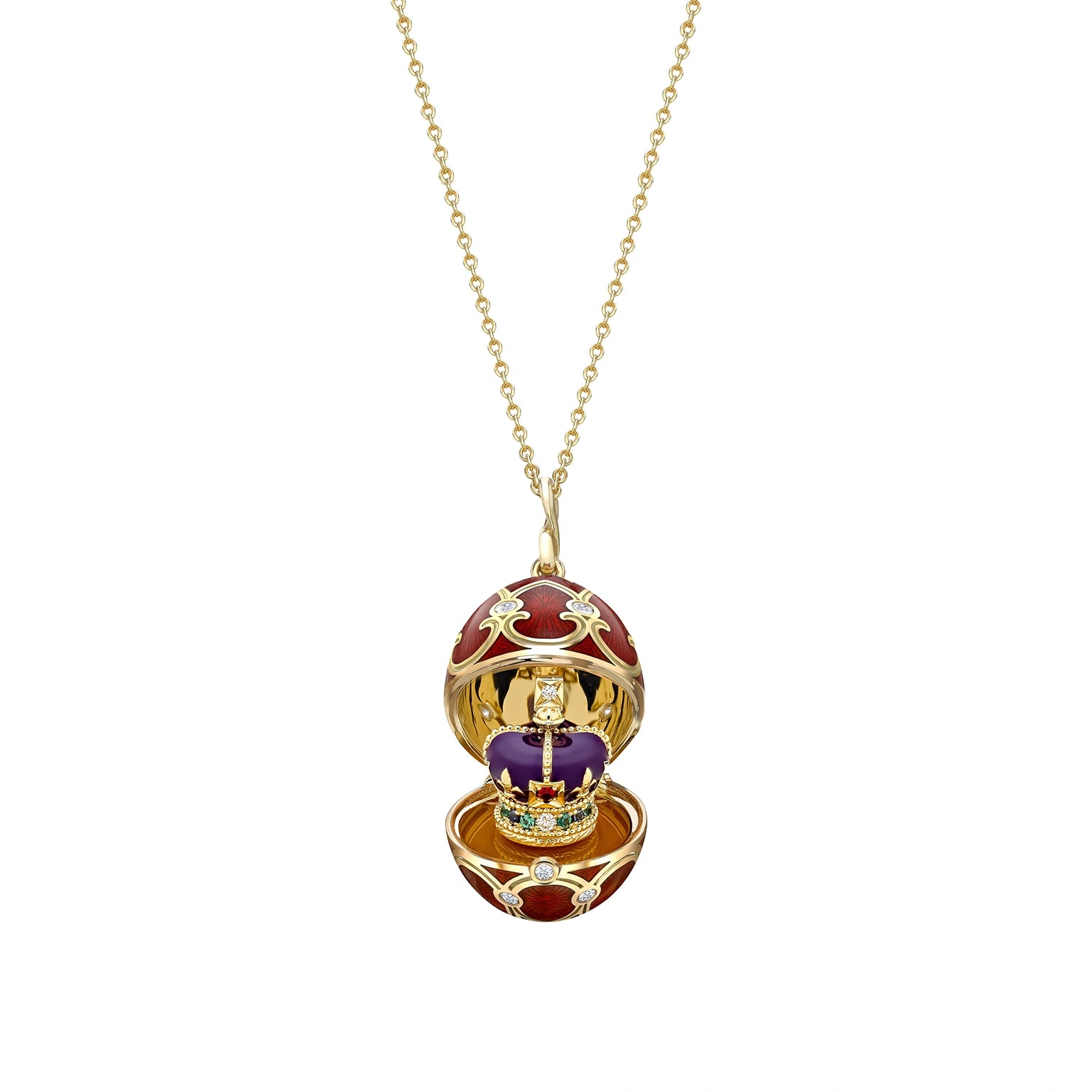 Yellow Gold Diamond & Red Guilloché Enamel Coronation Crown Surprise Locket | Fabergé
