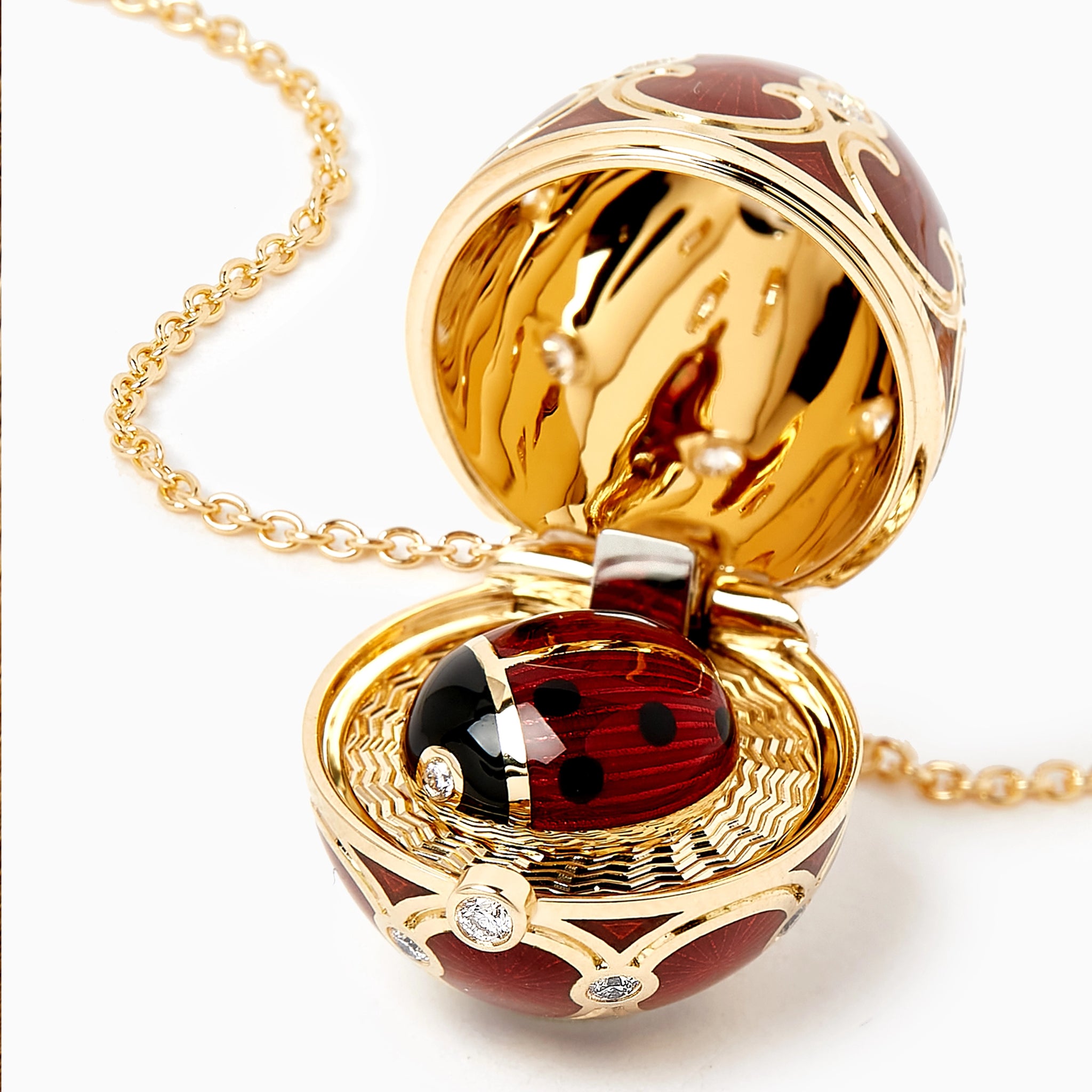 Heritage Yellow Gold Diamond & Red Guilloché Enamel Ladybird Surprise Locket