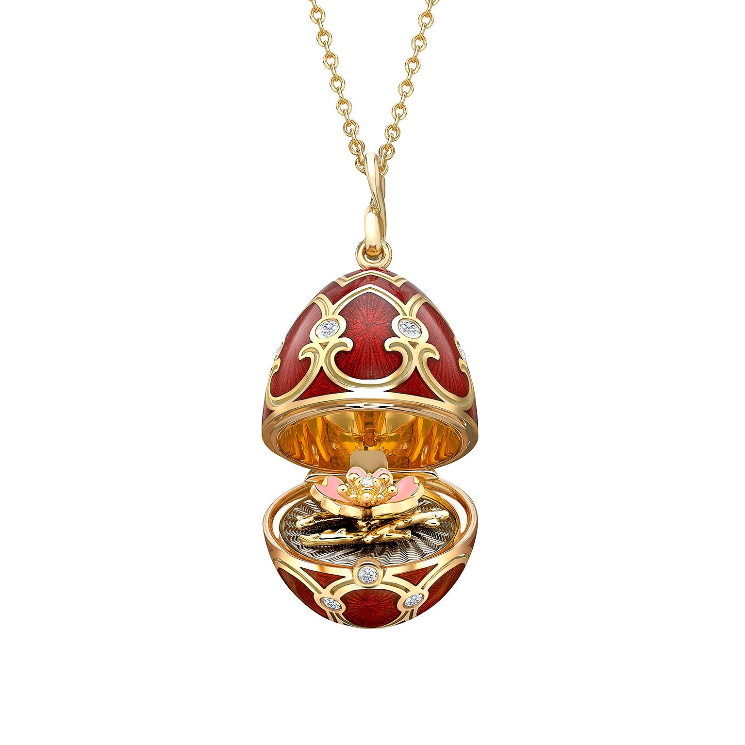 Heritage Yellow Gold Diamond & Red Guilloché Enamel Wild Rose Surprise Locket