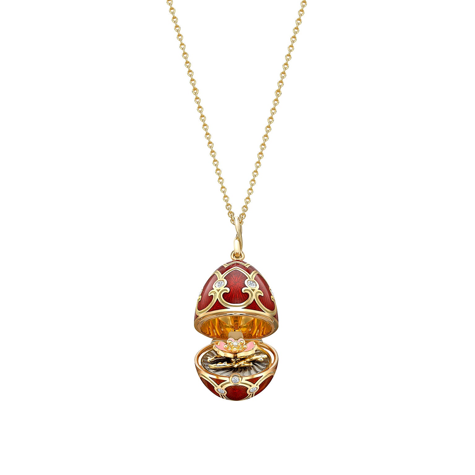 Heritage Yellow Gold Diamond & Red Guilloché Enamel Wild Rose Surprise Locket