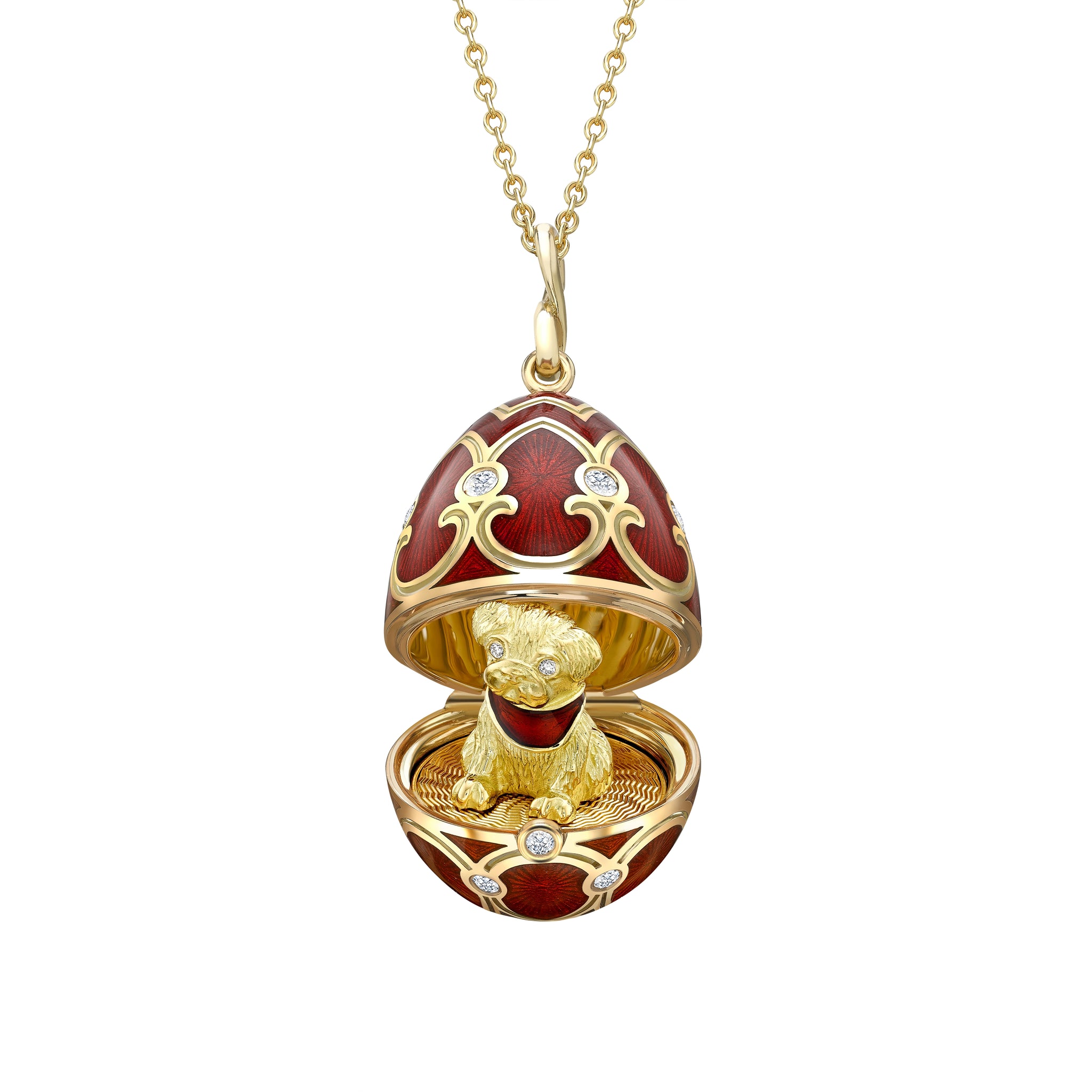 Yellow Gold Diamond & Red Guilloché Enamel Year Of The Dog Surprise Locket | Fabergé