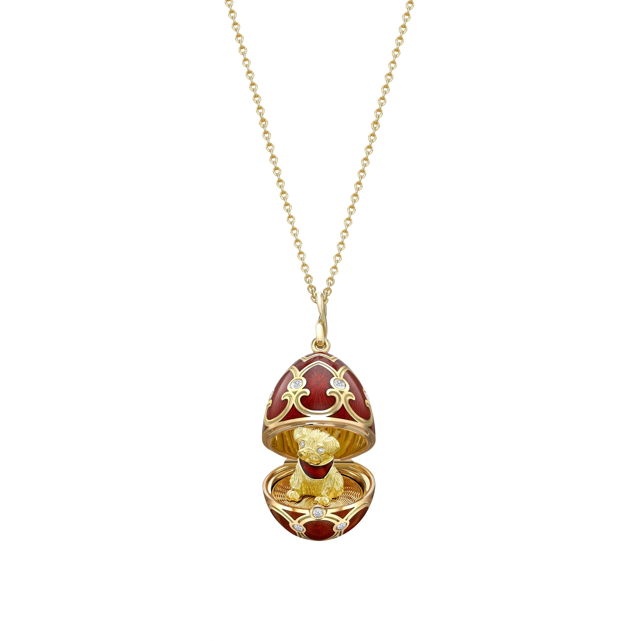 Yellow Gold Diamond & Red Guilloché Enamel Year Of The Dog Surprise Locket | Fabergé