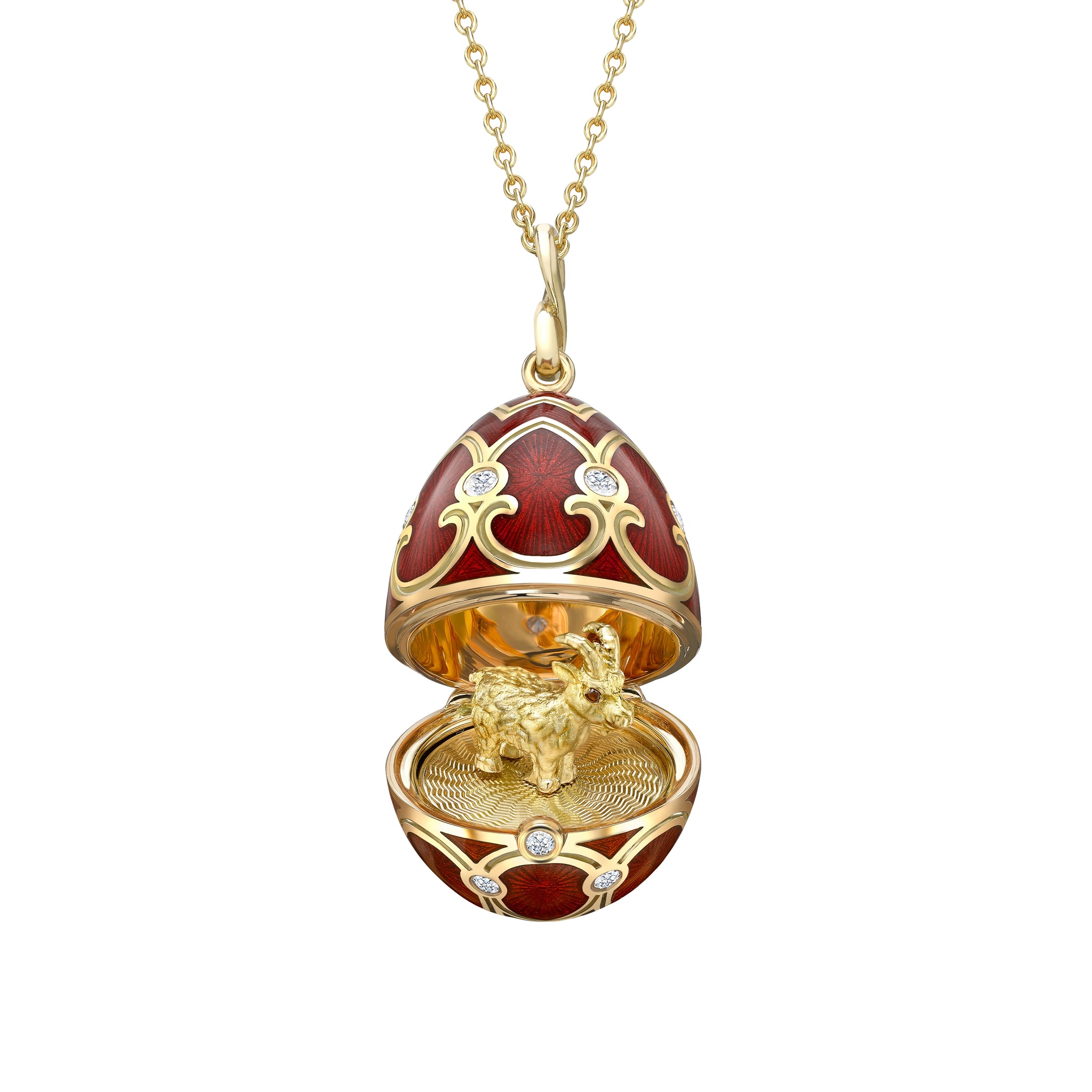 Yellow Gold Diamond & Red Guilloché Enamel Year Of The Goat Surprise Locket | Fabergé