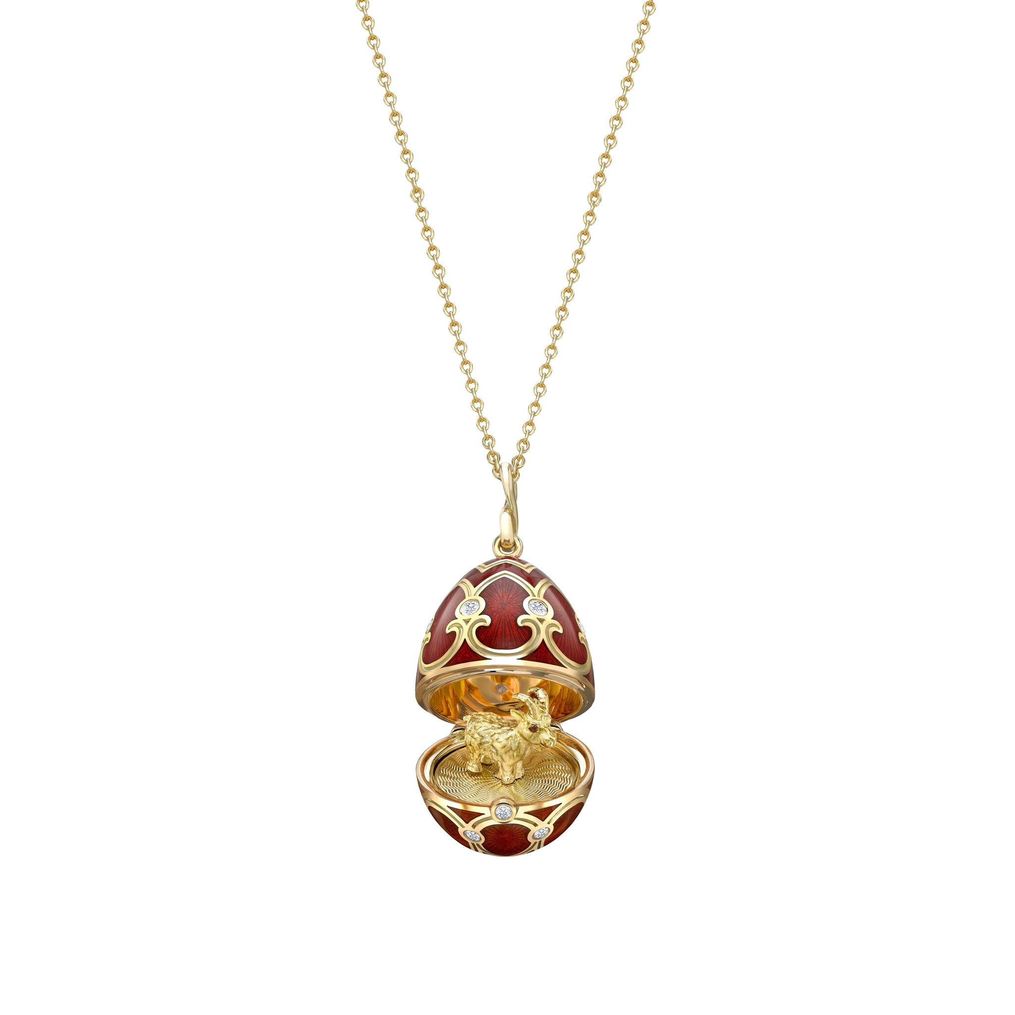 Yellow Gold Diamond & Red Guilloché Enamel Year Of The Goat Surprise Locket | Fabergé