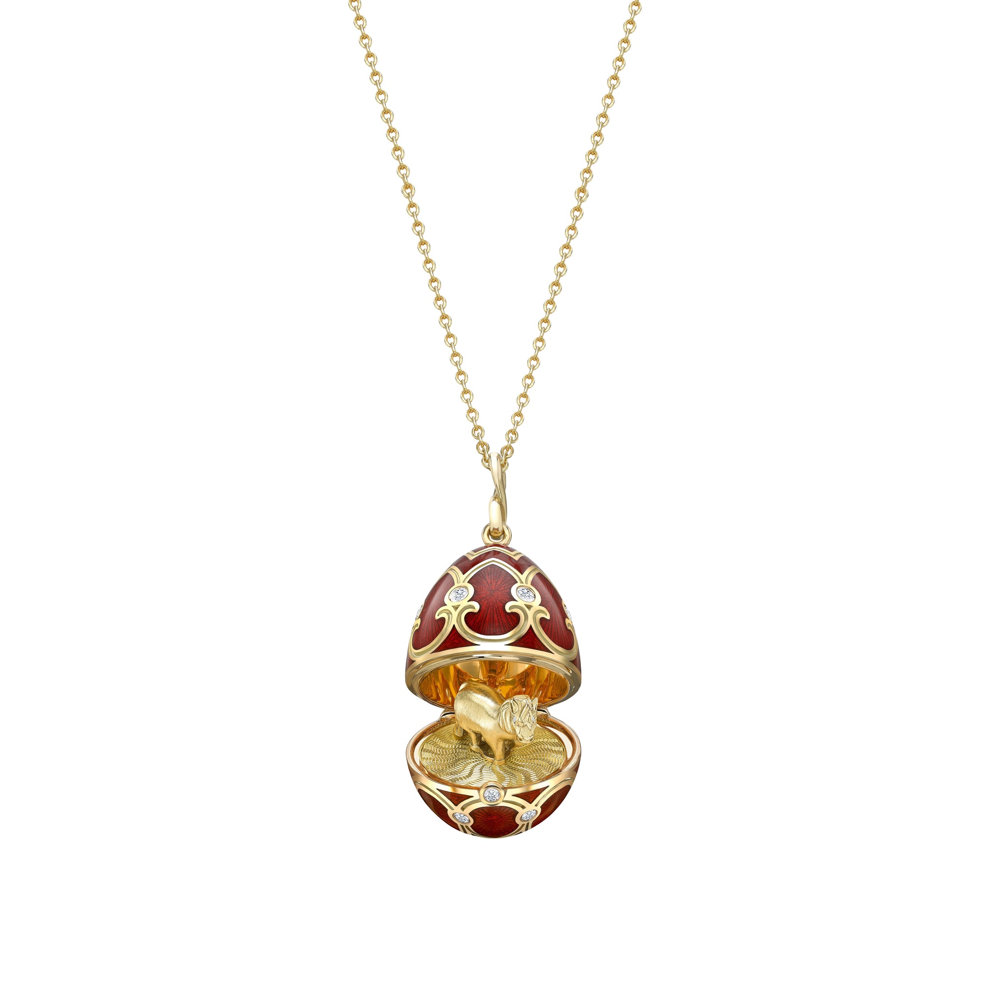 Yellow Gold Diamond & Red Guilloché Enamel Year Of The Horse Surprise Locket | Fabergé