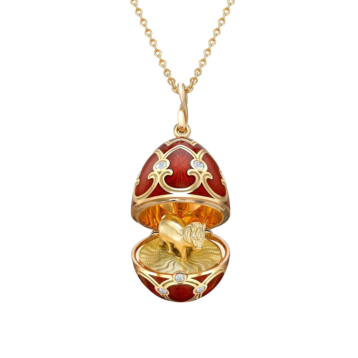 Yellow Gold Diamond & Red Guilloché Enamel Year Of The Horse Surprise Locket | Fabergé