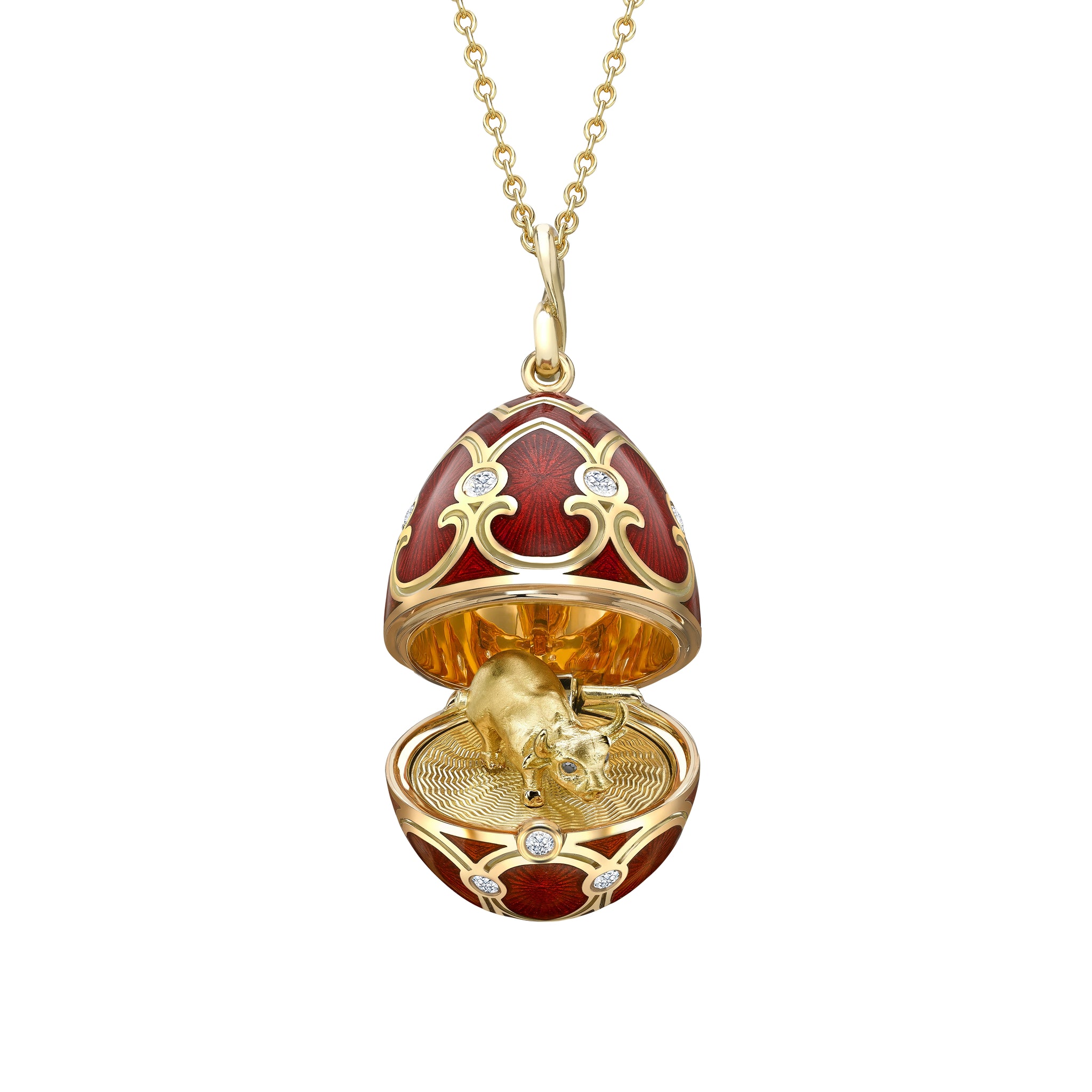 Yellow Gold Diamond & Red Guilloché Enamel Year Of The Ox Surprise Locket | Fabergé