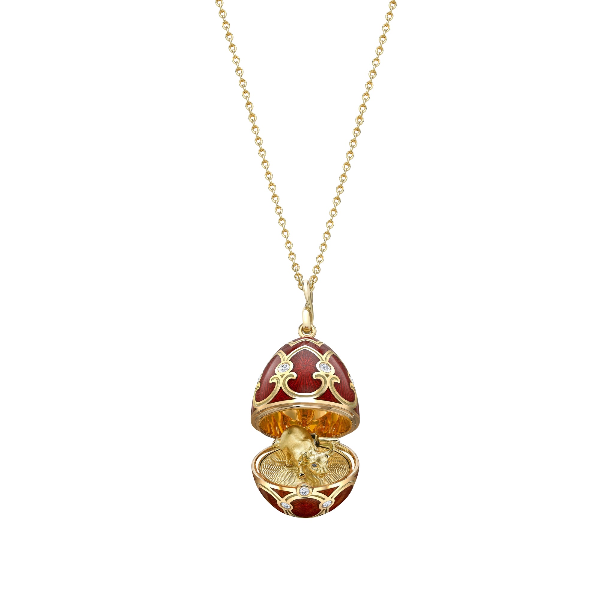 Yellow Gold Diamond & Red Guilloché Enamel Year Of The Ox Surprise Locket | Fabergé