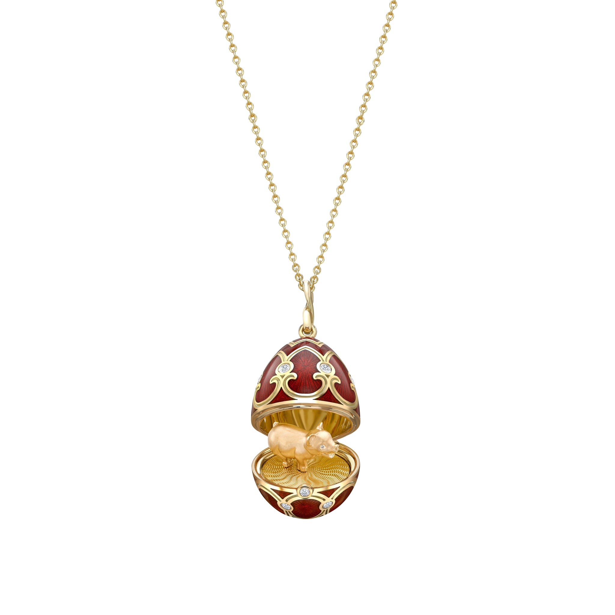 Heritage Yellow Gold Diamond & Red Guilloché Enamel Year Of The Pig Surprise Locket