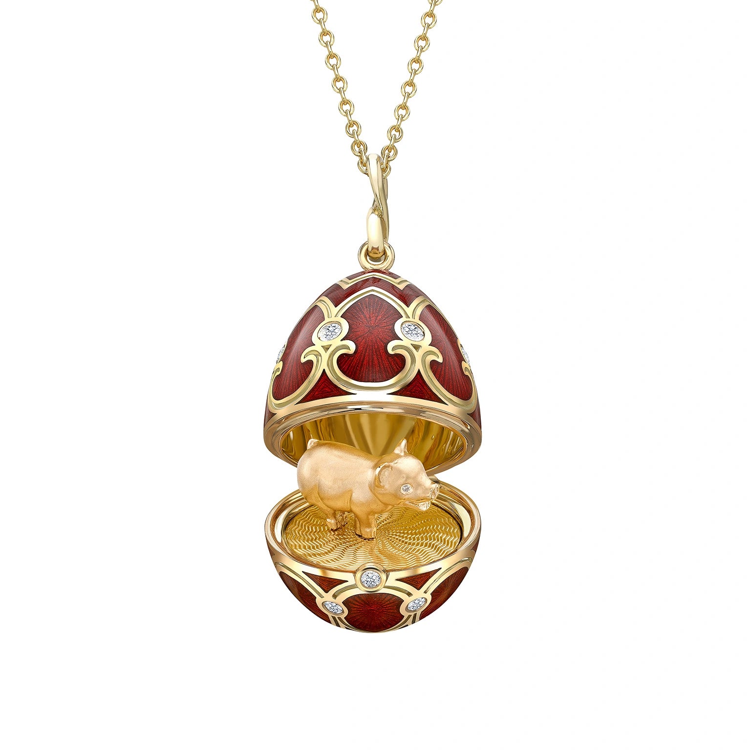 Heritage Yellow Gold Diamond & Red Guilloché Enamel Year Of The Pig Surprise Locket