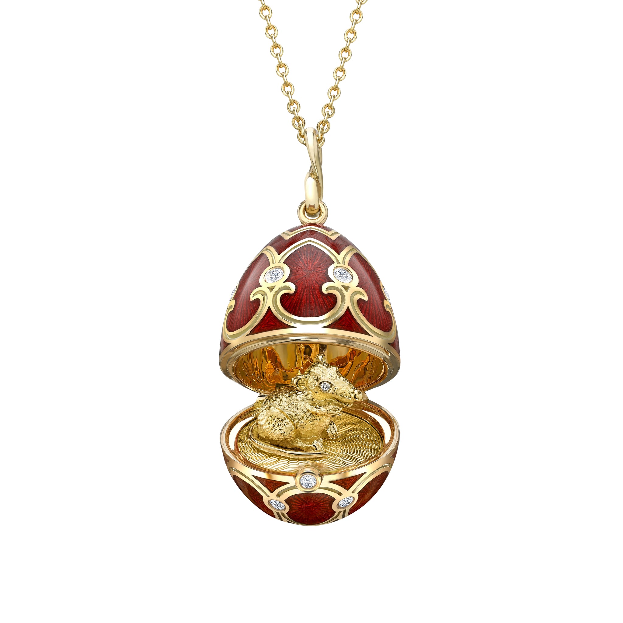 Yellow Gold Diamond & Red Guilloché Enamel Year Of The Rat Surprise Locket | Fabergé