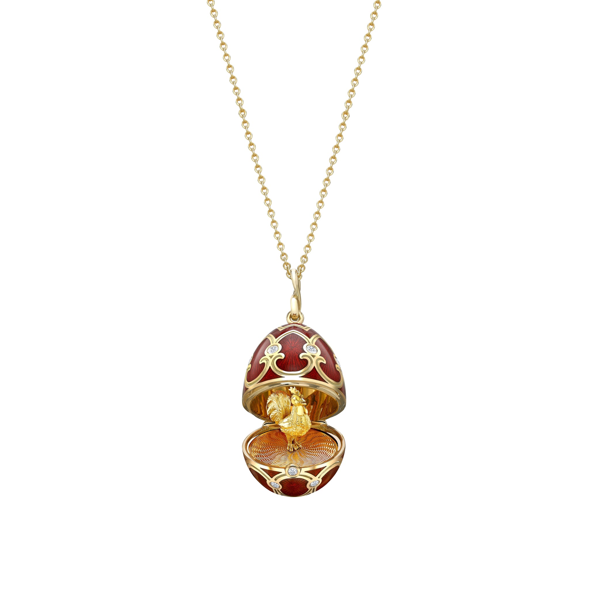 Yellow Gold Diamond & Red Guilloché Enamel Year Of The Rooster Surprise Locket | Fabergé