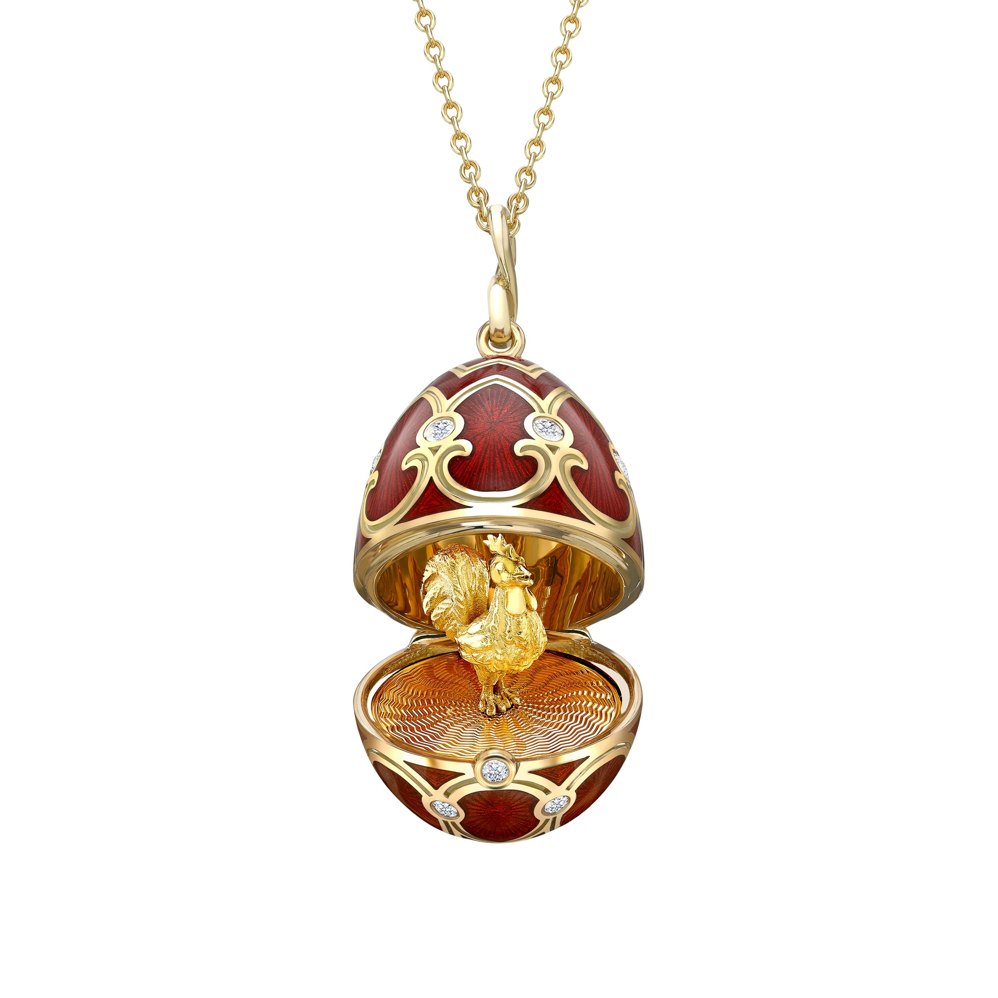Yellow Gold Diamond & Red Guilloché Enamel Year Of The Rooster Surprise Locket | Fabergé