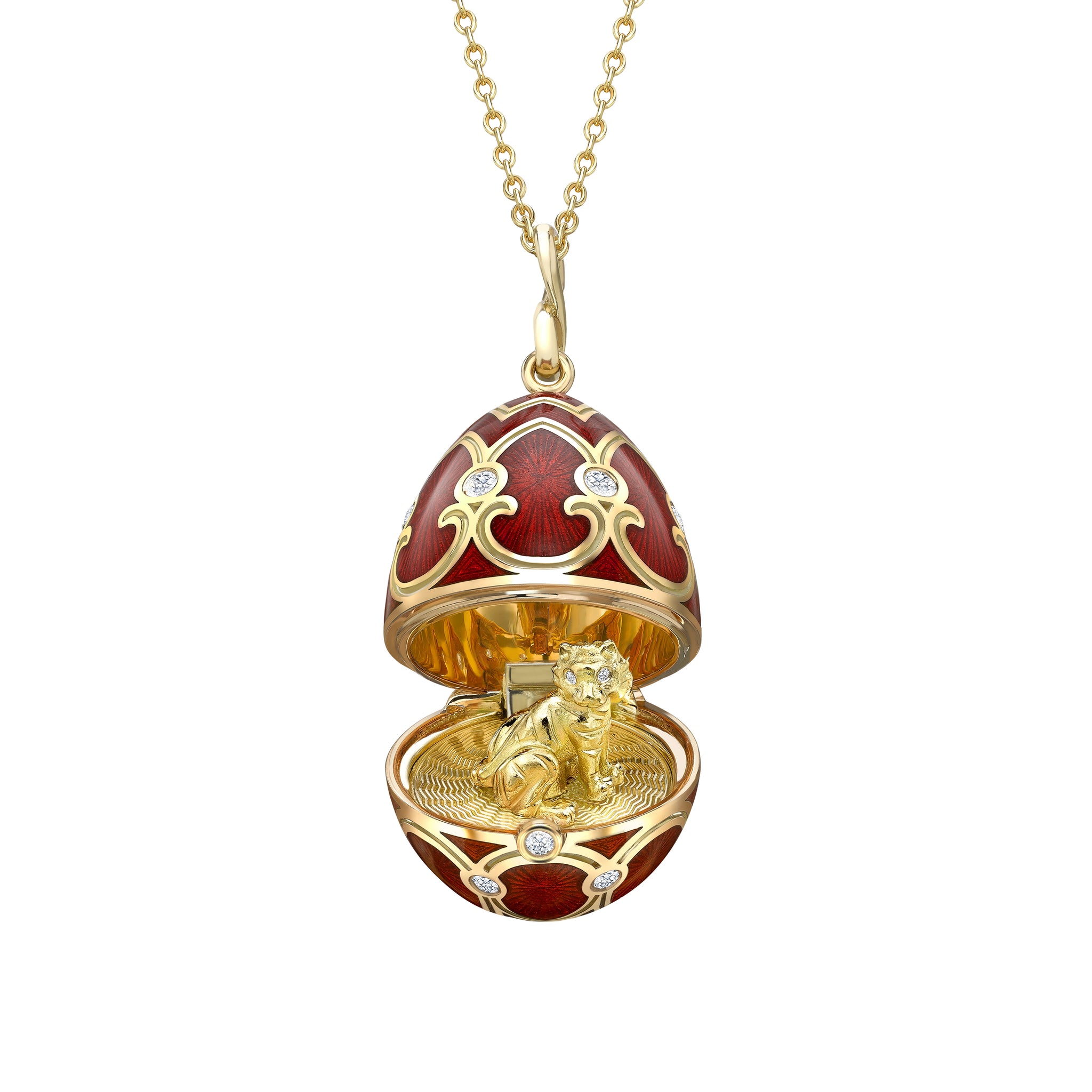 Yellow Gold Diamond & Red Guilloché Enamel Year Of The Tiger Surprise Locket | Fabergé