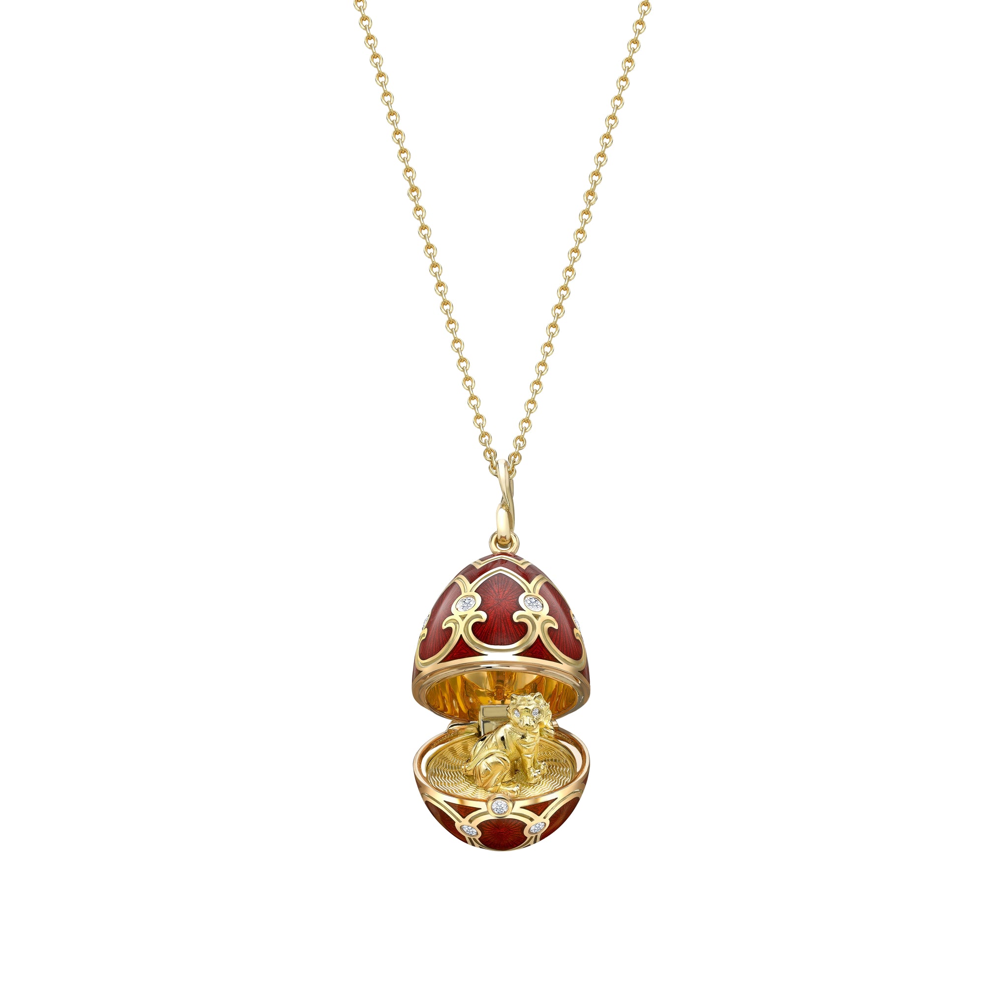 Yellow Gold Diamond & Red Guilloché Enamel Year Of The Tiger Surprise Locket | Fabergé