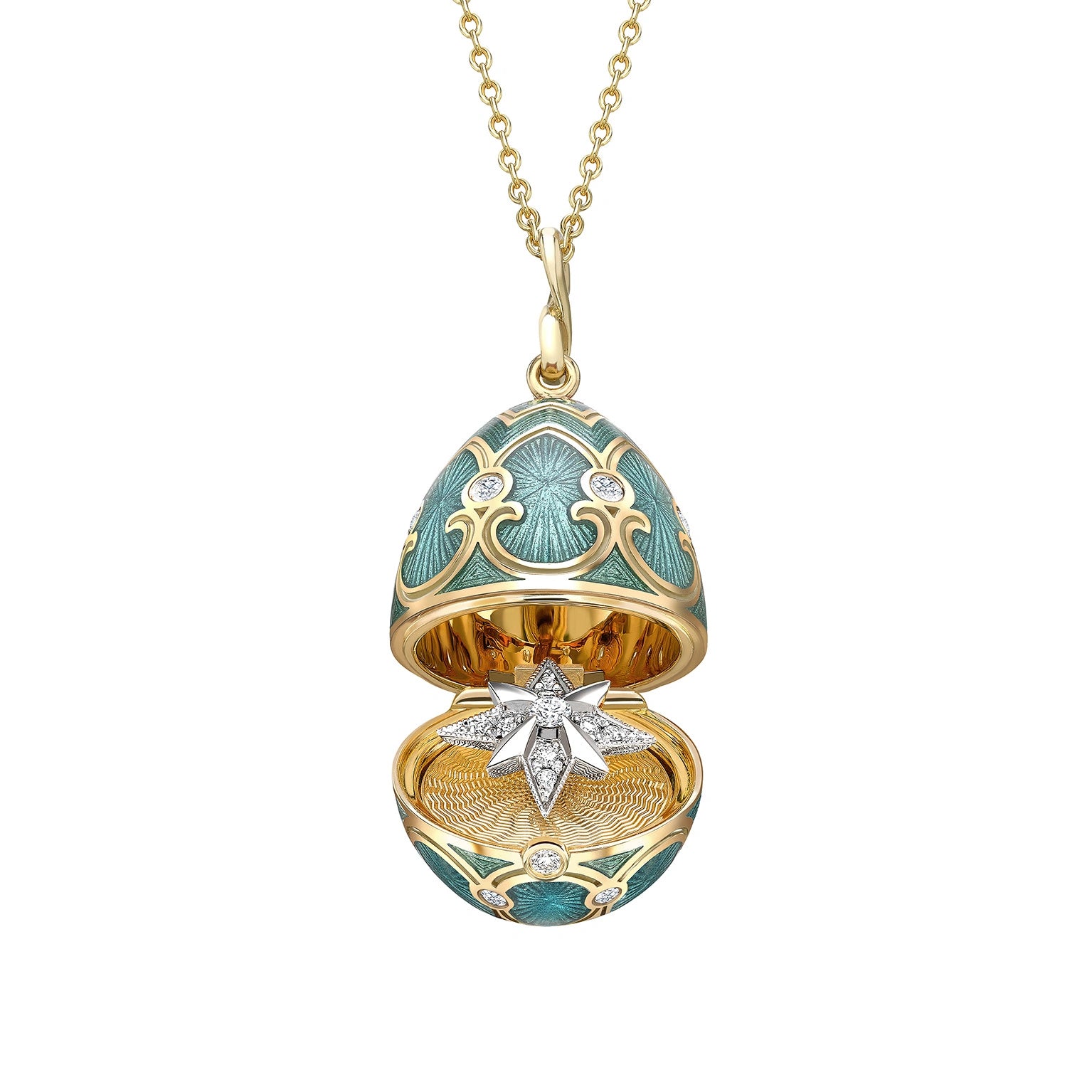 Yellow Gold Diamond & Teal Guilloché Enamel Trembling Star Surprise Locket | Fabergé