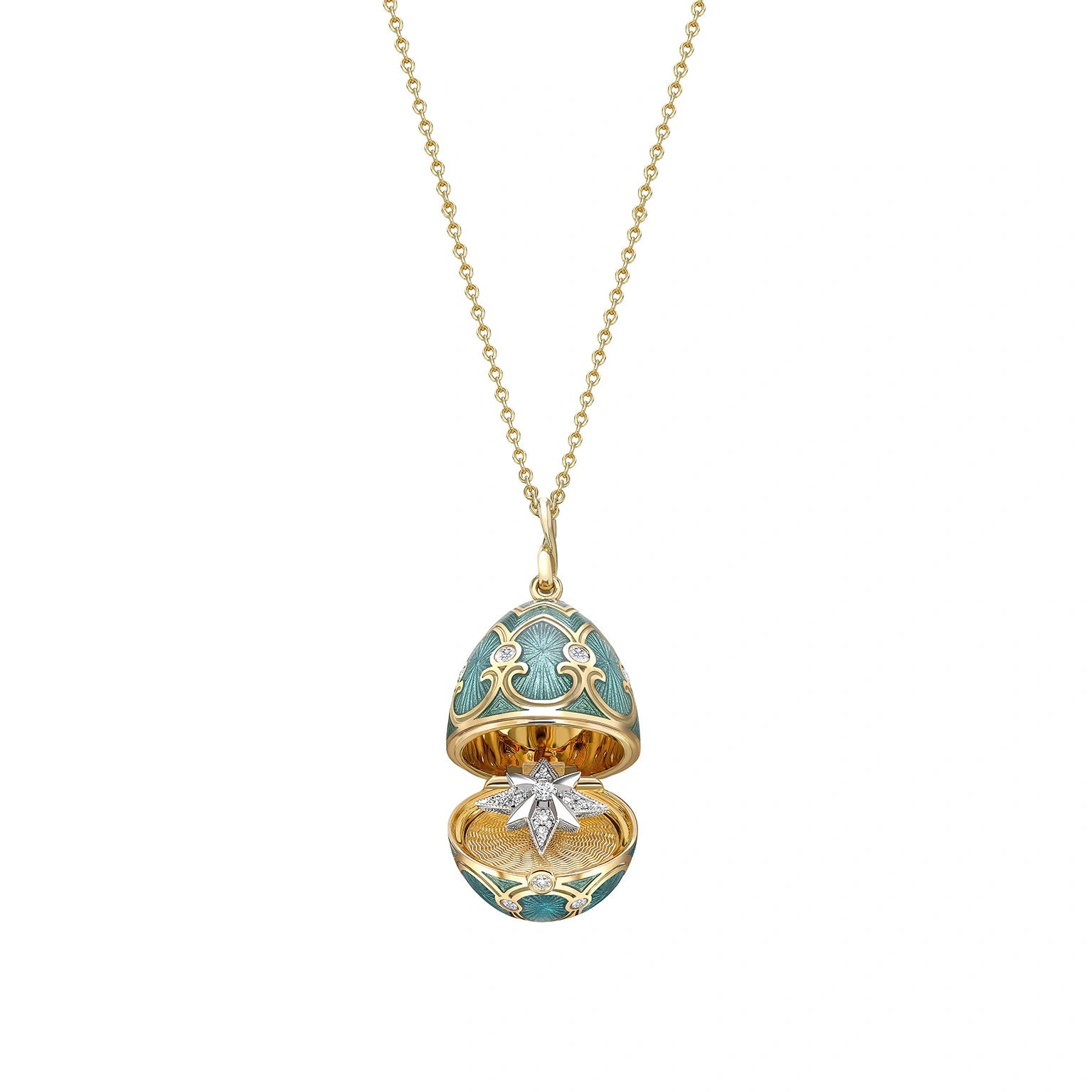 Yellow Gold Diamond & Teal Guilloché Enamel Trembling Star Surprise Locket | Fabergé