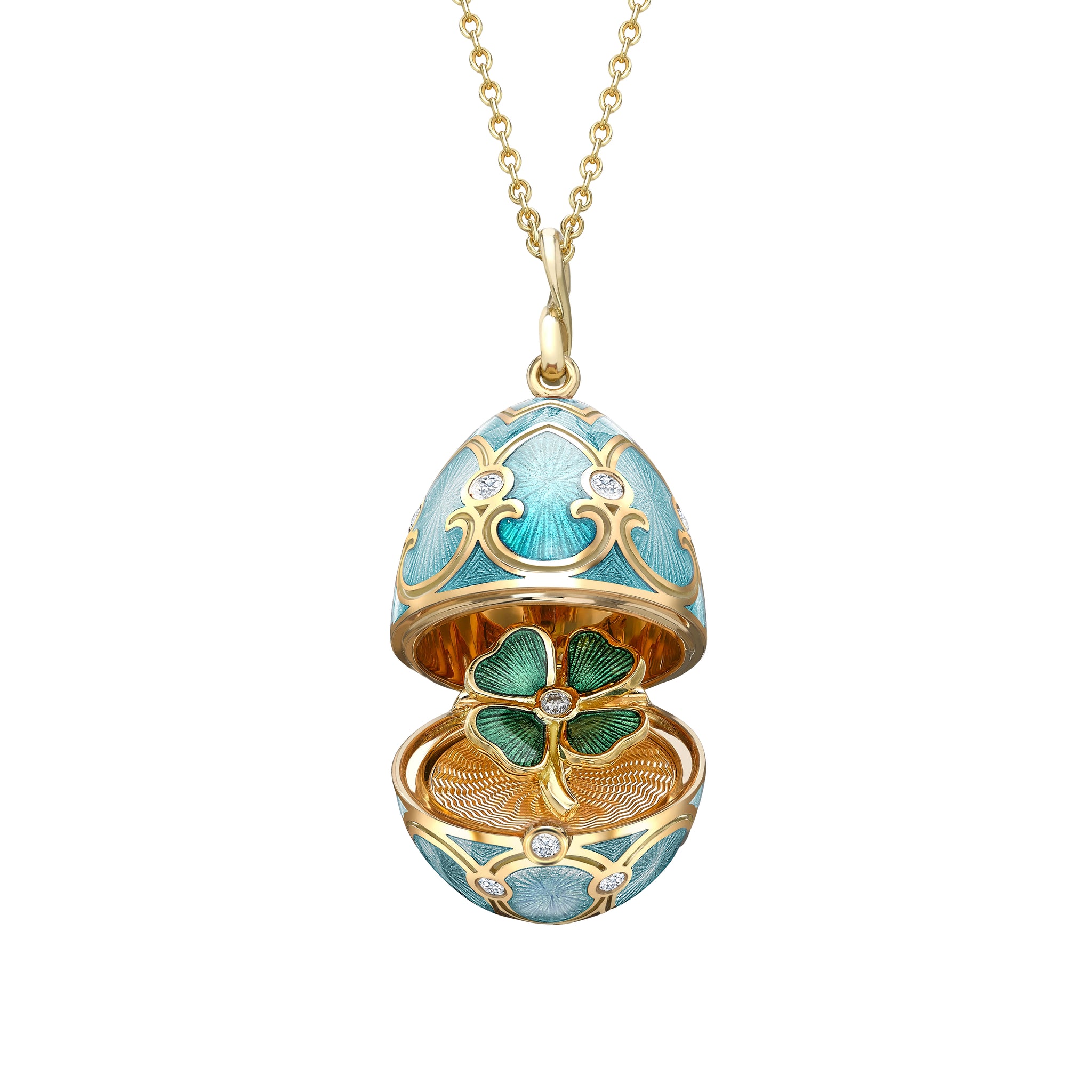 Yellow Gold Diamond & Turquoise Guilloché Enamel Clover Surprise Locket | Fabergé