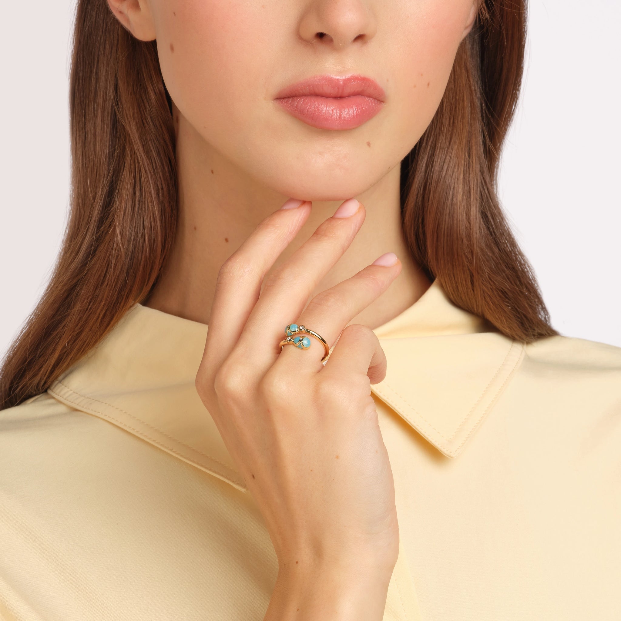 Yellow Gold Diamond & Turquoise Guilloché Enamel Crossover Ring | Fabergé
