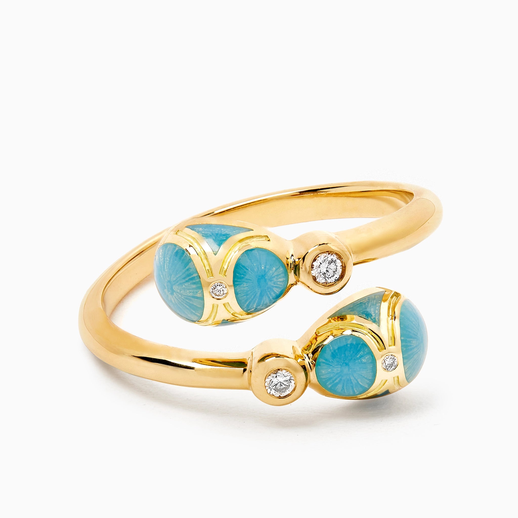 Yellow Gold Diamond & Turquoise Guilloché Enamel Crossover Ring | Fabergé