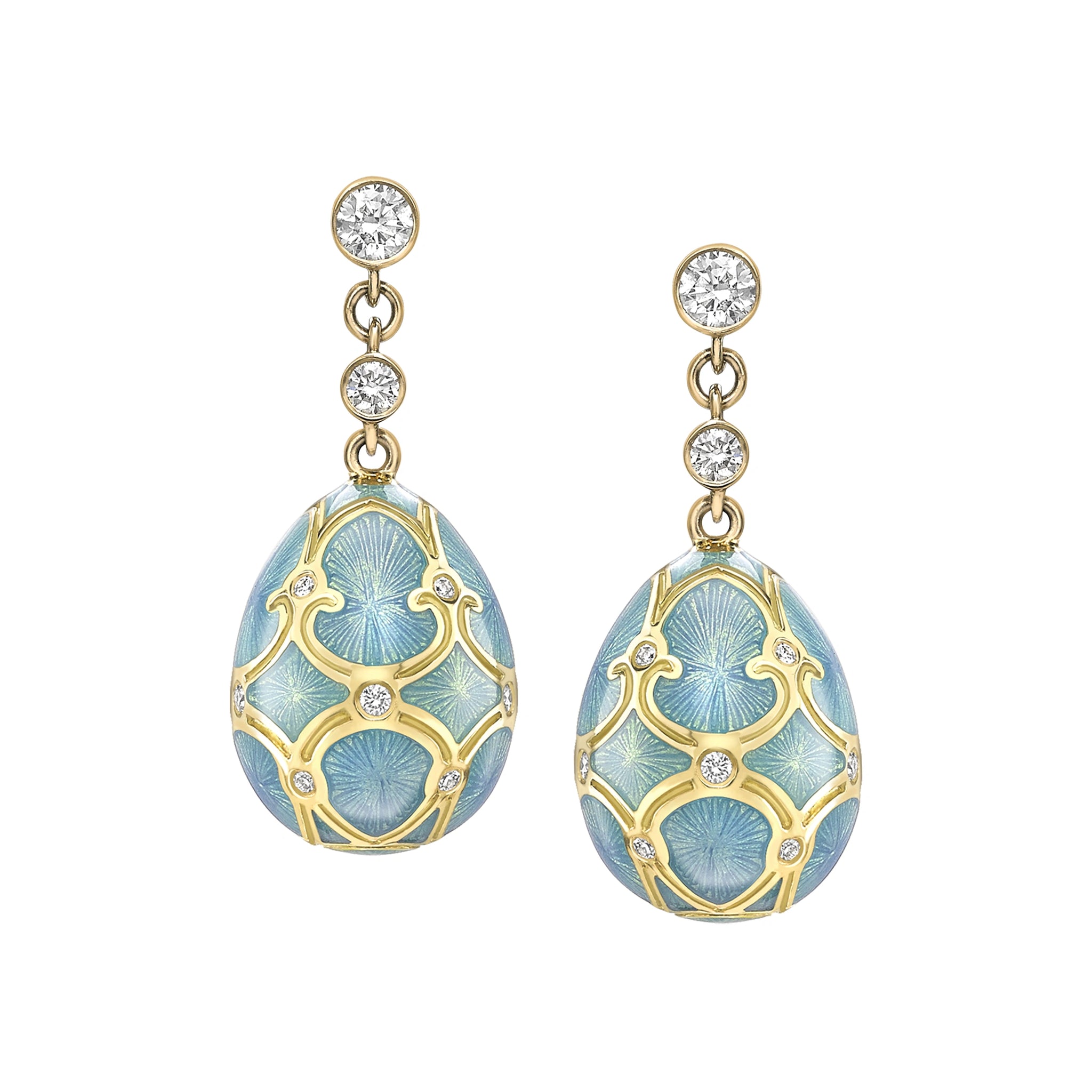 Yellow Gold Diamond & Turquoise Guilloché Enamel Egg Drop Earrings | Fabergé