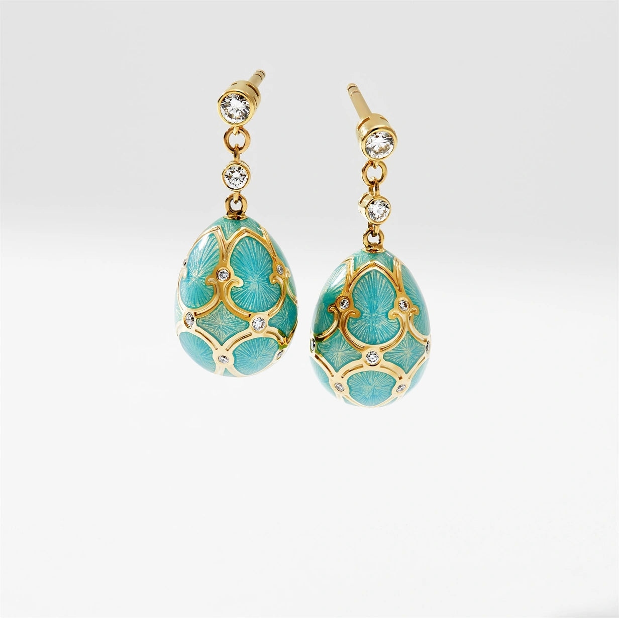 Yellow Gold Diamond & Turquoise Guilloché Enamel Egg Drop Earrings | Fabergé