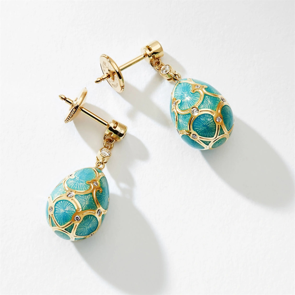 Yellow Gold Diamond & Turquoise Guilloché Enamel Egg Drop Earrings | Fabergé