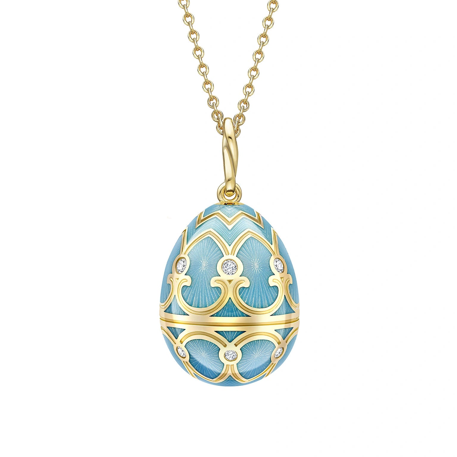 Yellow Gold Diamond & Turquoise Guilloché Enamel Egg Pendant | Fabergé
