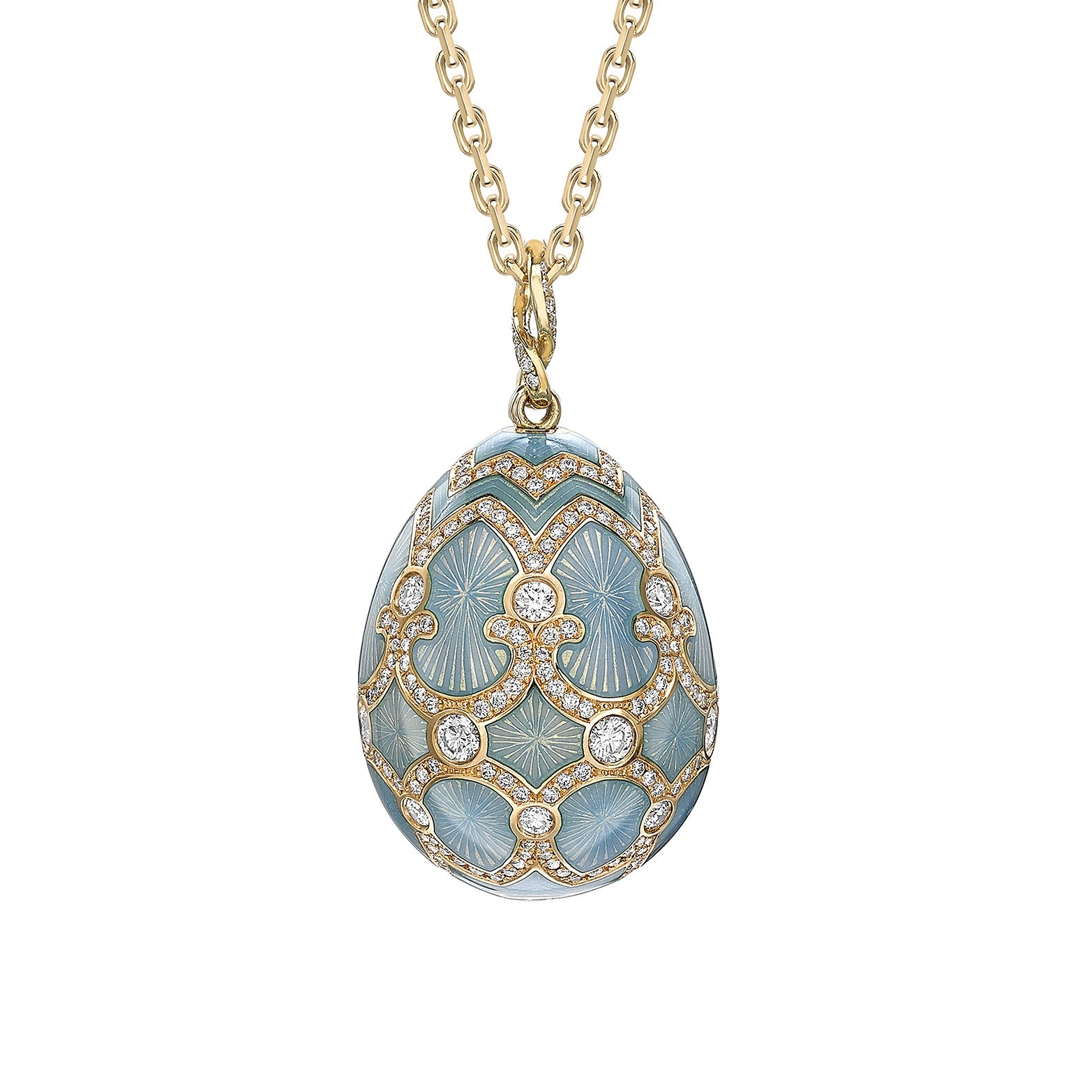 Yellow Gold Diamond & Turquoise Guilloché Enamel Grand Egg Pendant | Fabergé