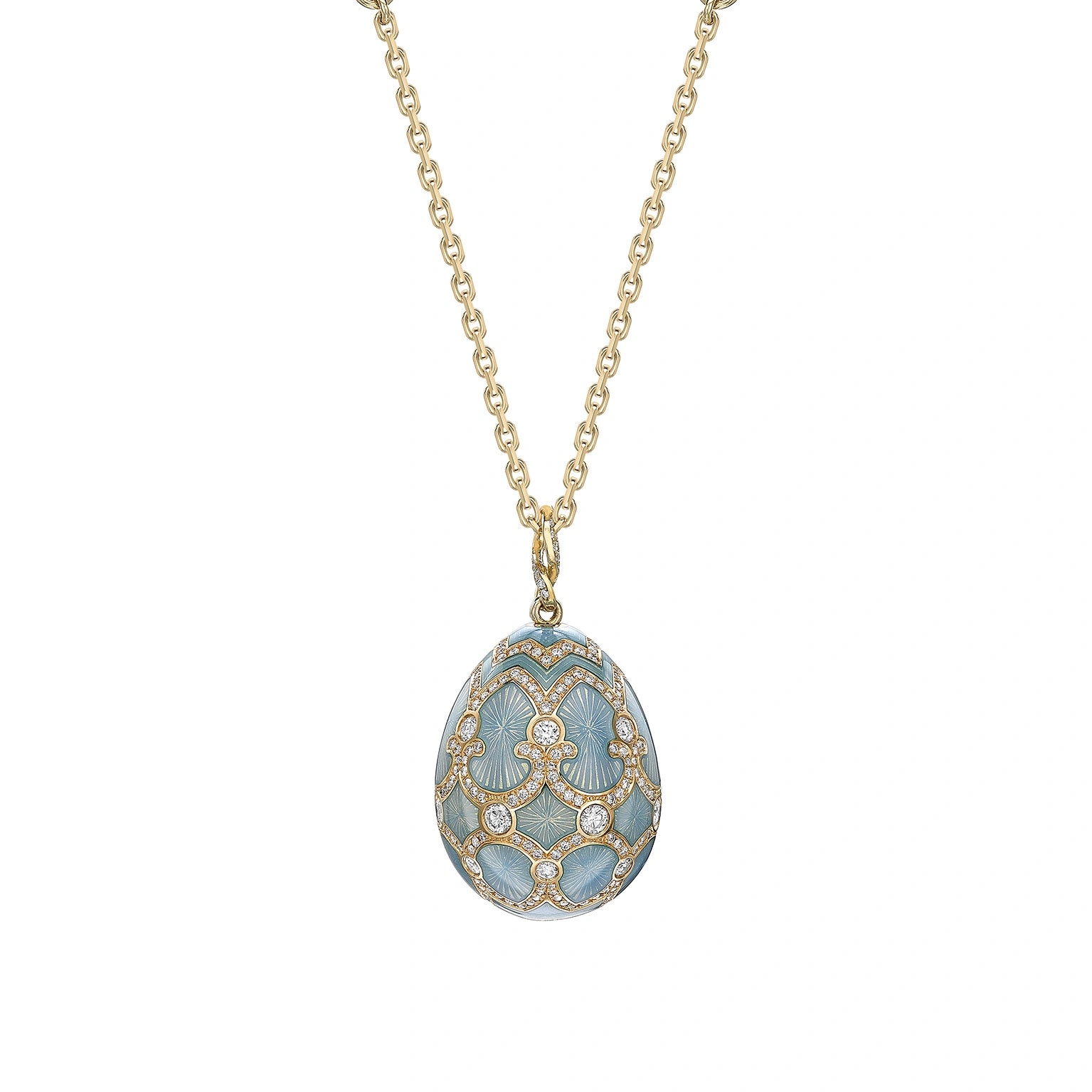 Yellow Gold Diamond & Turquoise Guilloché Enamel Grand Egg Pendant | Fabergé