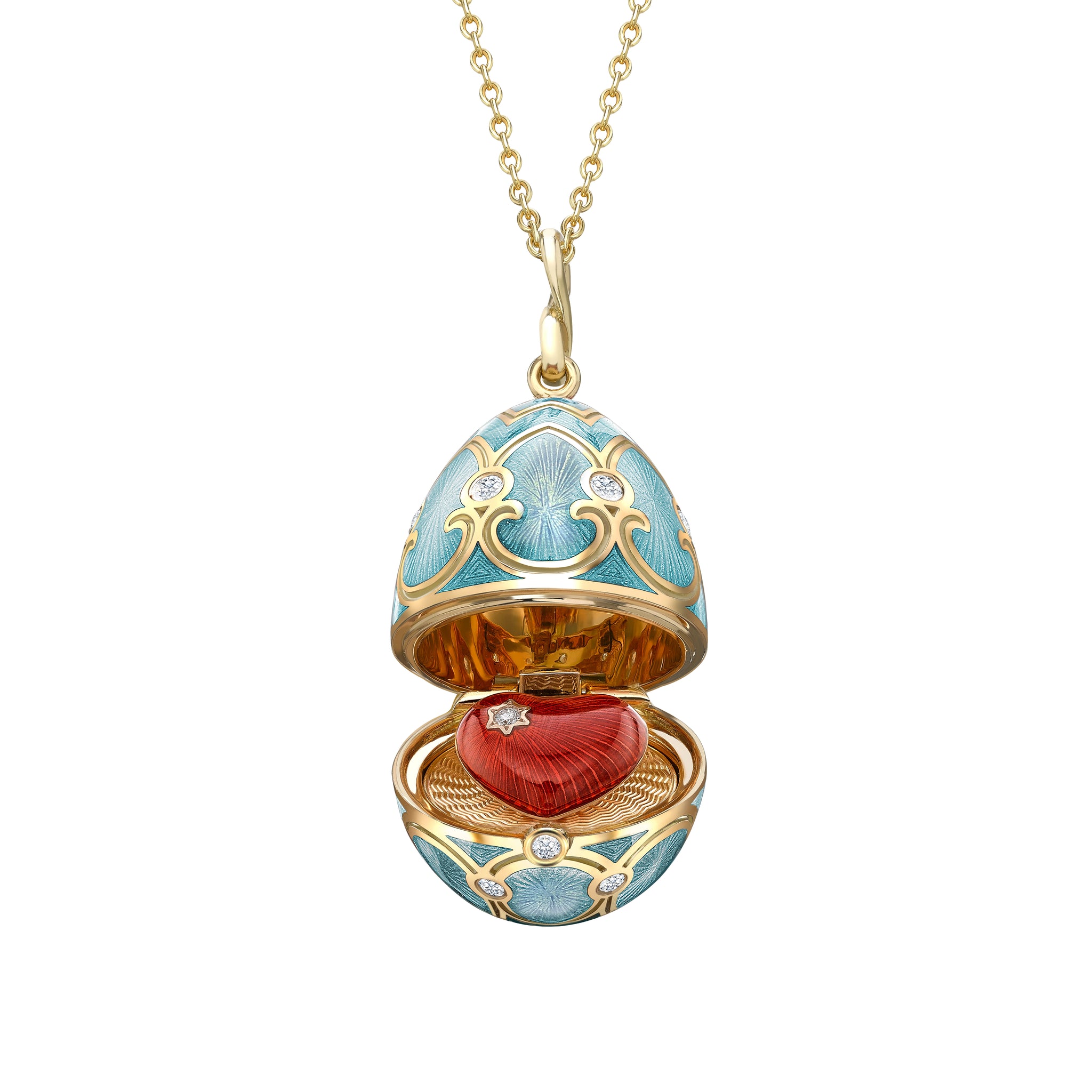 Heritage Yellow Gold Diamond & Turquoise Guilloché Enamel Heart Surprise Locket