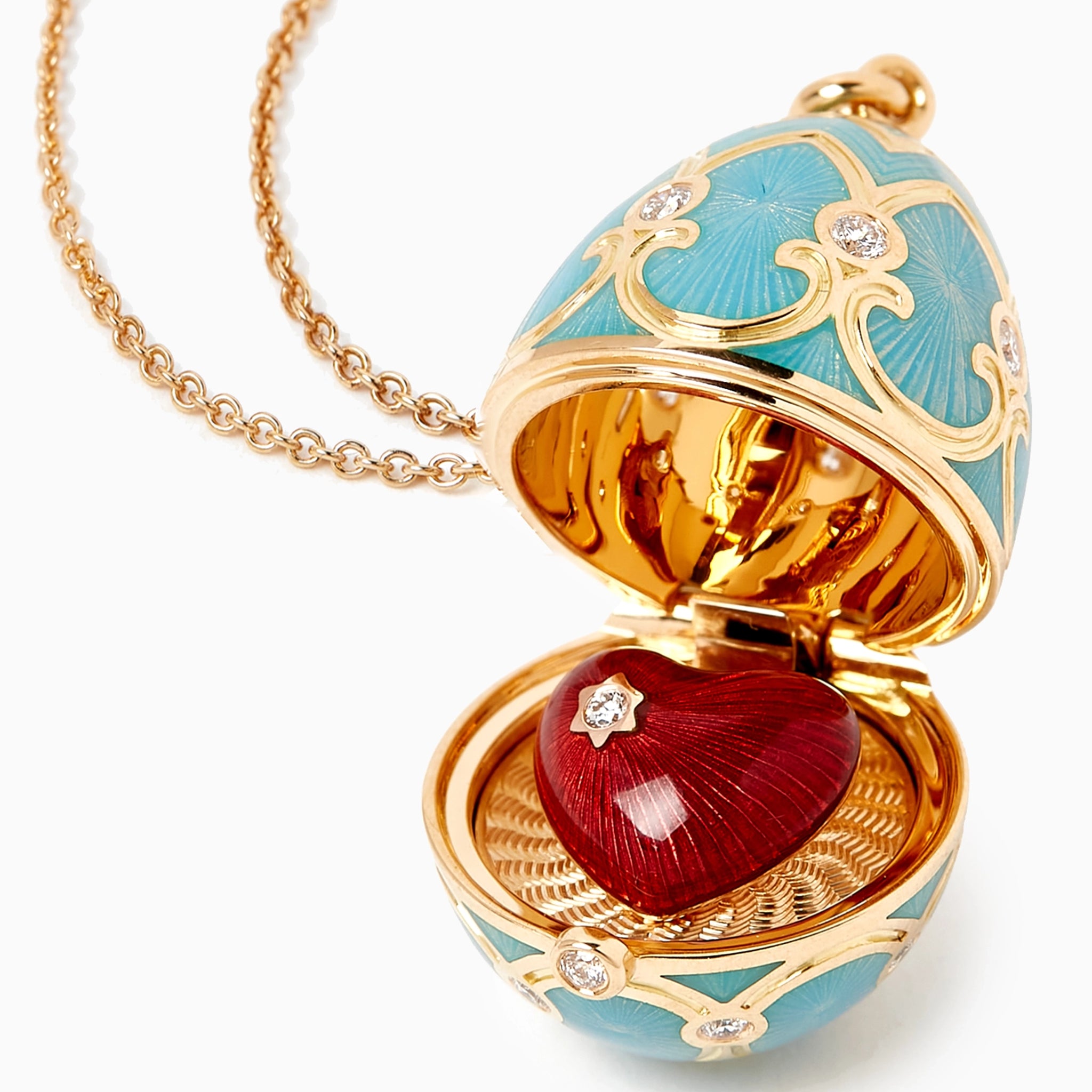 Heritage Yellow Gold Diamond & Turquoise Guilloché Enamel Heart Surprise Locket