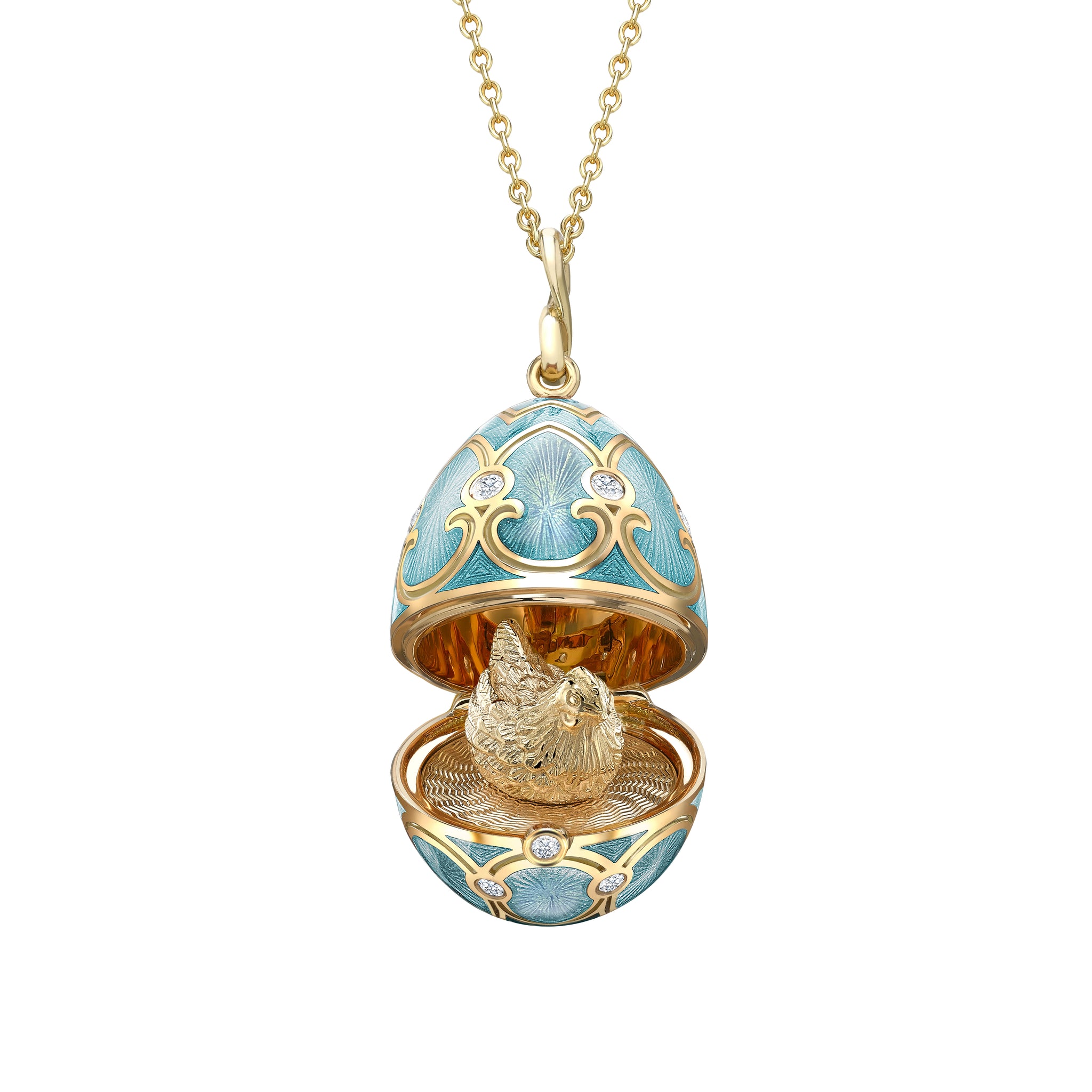 Yellow Gold Diamond & Turquoise Guilloché Enamel Hen Surprise Locket | Fabergé