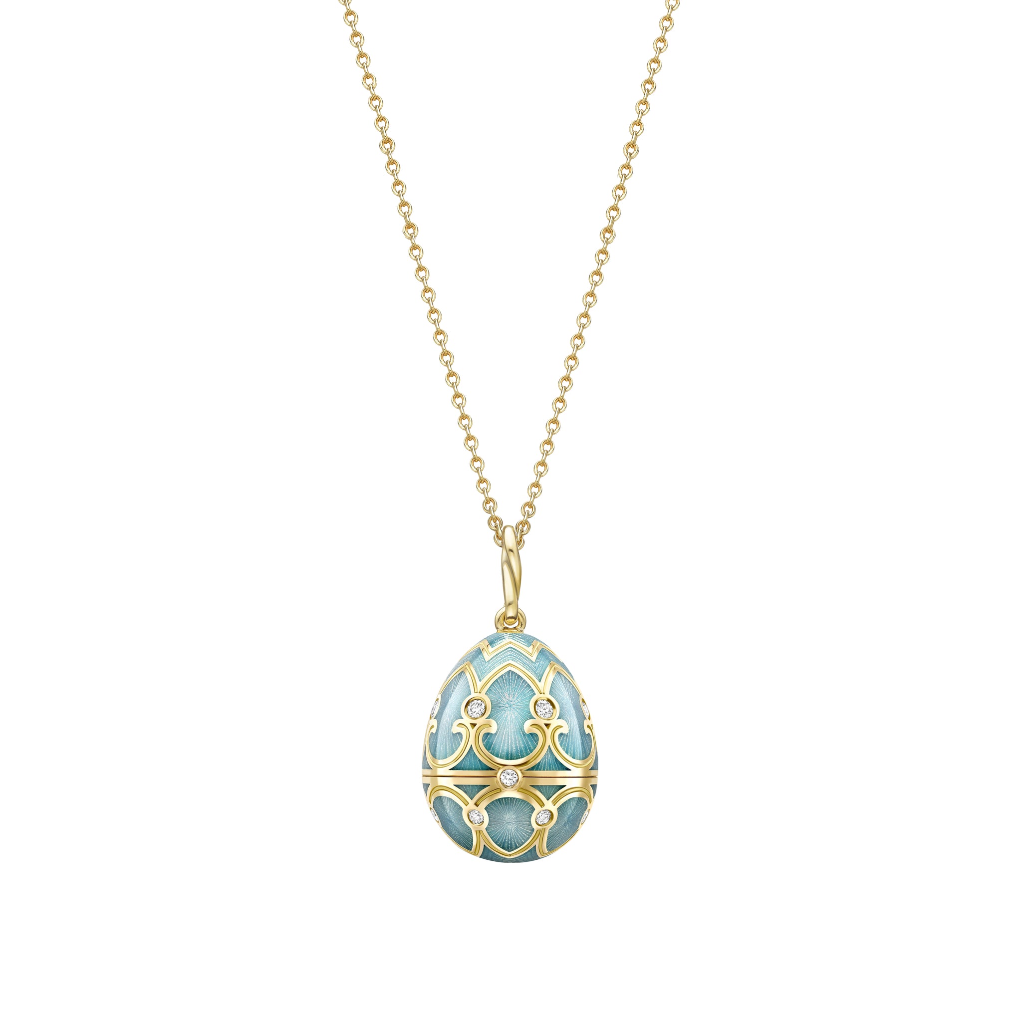 Yellow Gold Diamond & Turquoise Guilloché Enamel Hen Surprise Locket | Fabergé