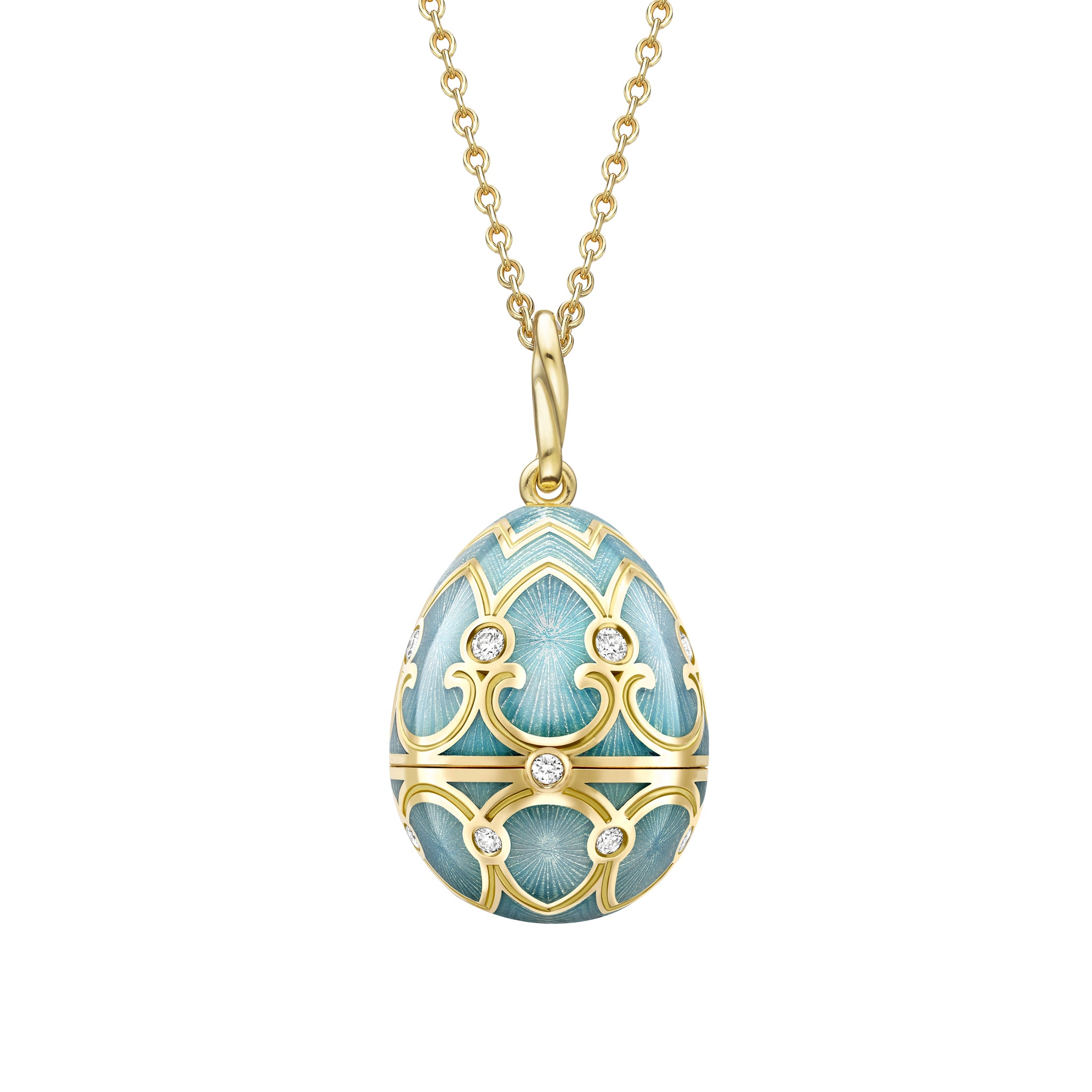 Yellow Gold Diamond & Turquoise Guilloché Enamel Hen Surprise Locket | Fabergé